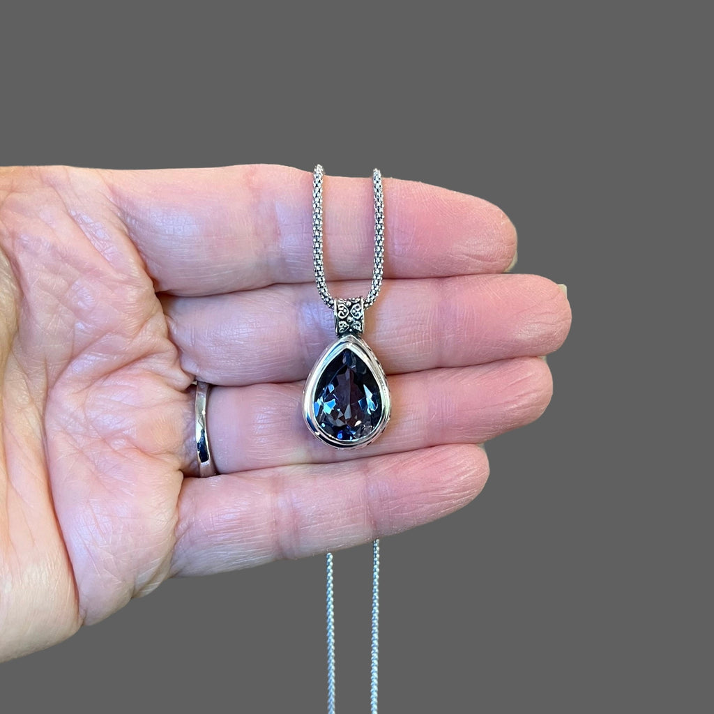 Blue Mystic Quartz Teardrop Bezel Pendant in Bali Sterling Silver