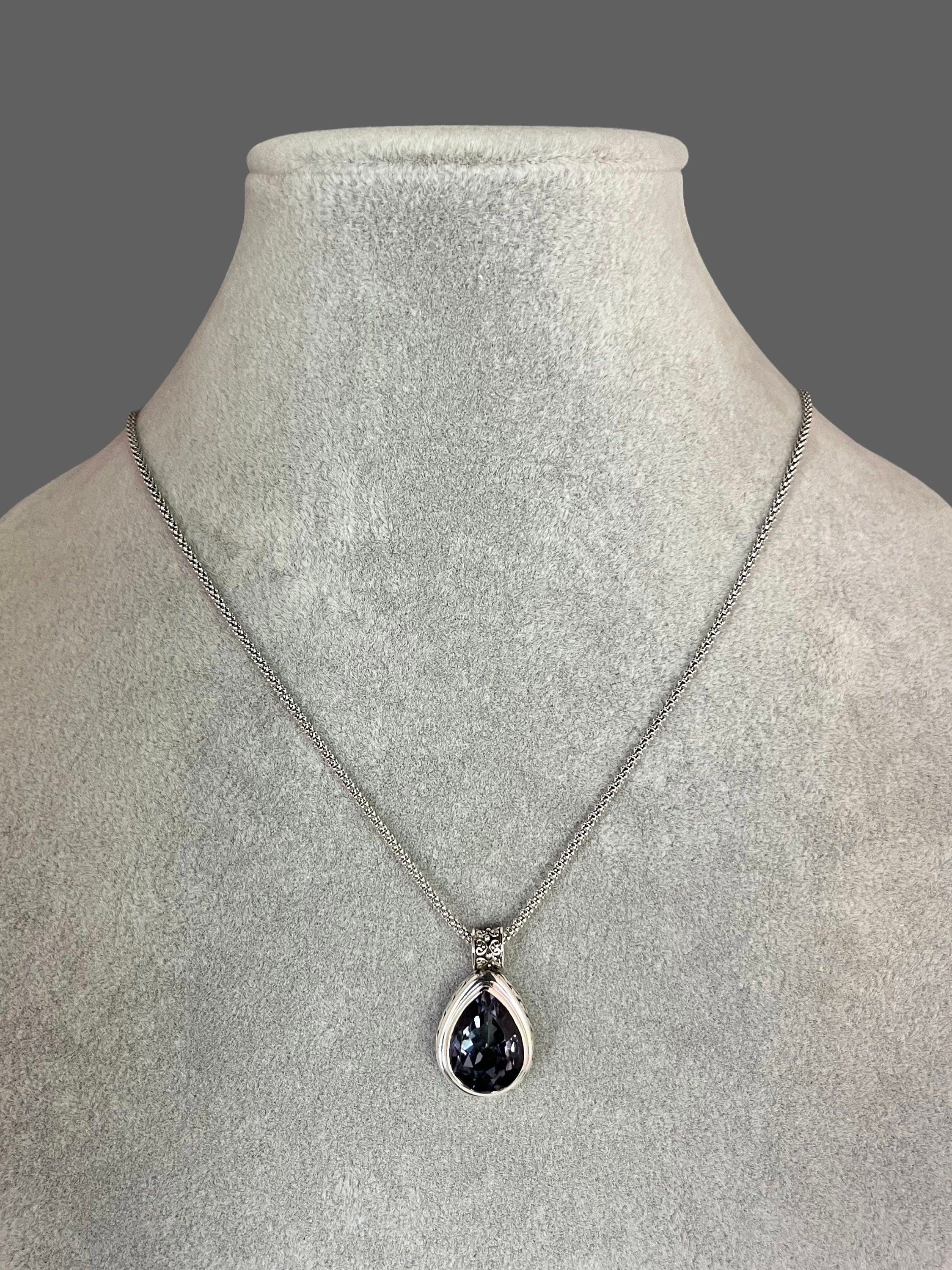 Blue Mystic Quartz Teardrop Bezel Pendant in Bali Sterling Silver