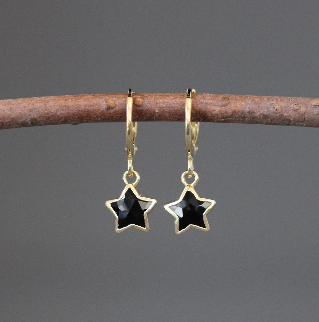 Black Onyx Star Charm Earrings on Gold Vermeil Leverback Hoops
