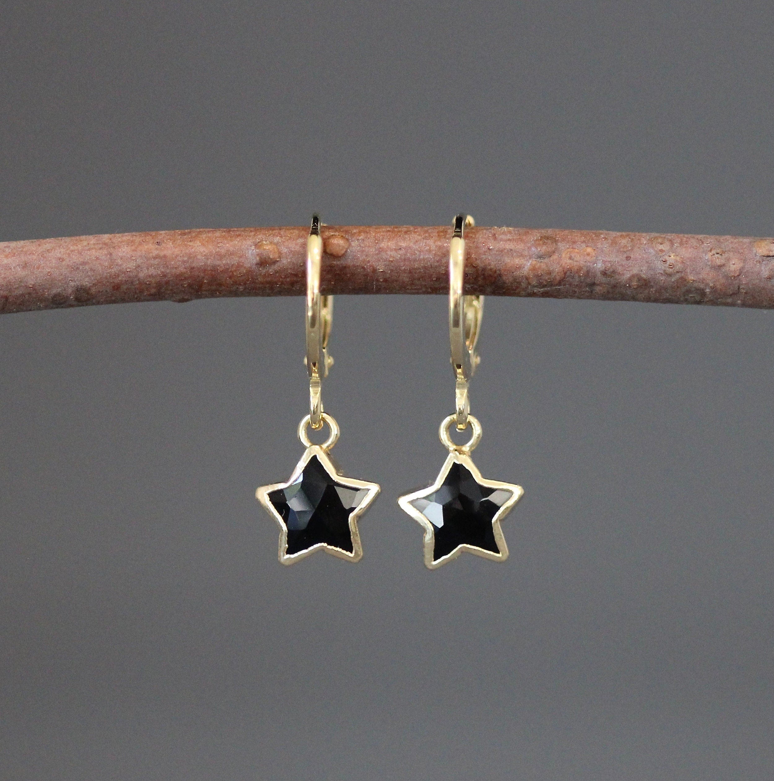 Black Onyx Star Charm Earrings on Gold Vermeil Leverback Hoops