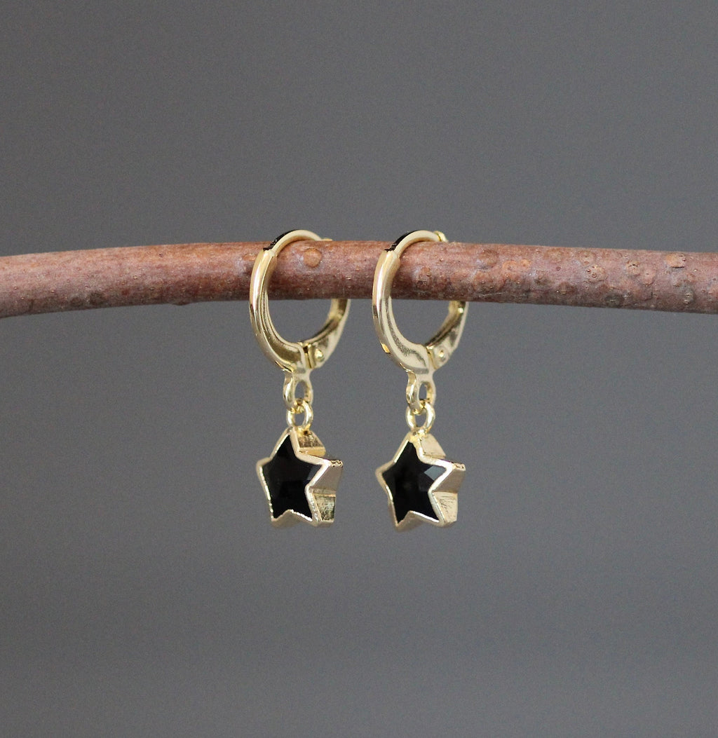 Black Onyx Star Charm Earrings on Gold Vermeil Leverback Hoops
