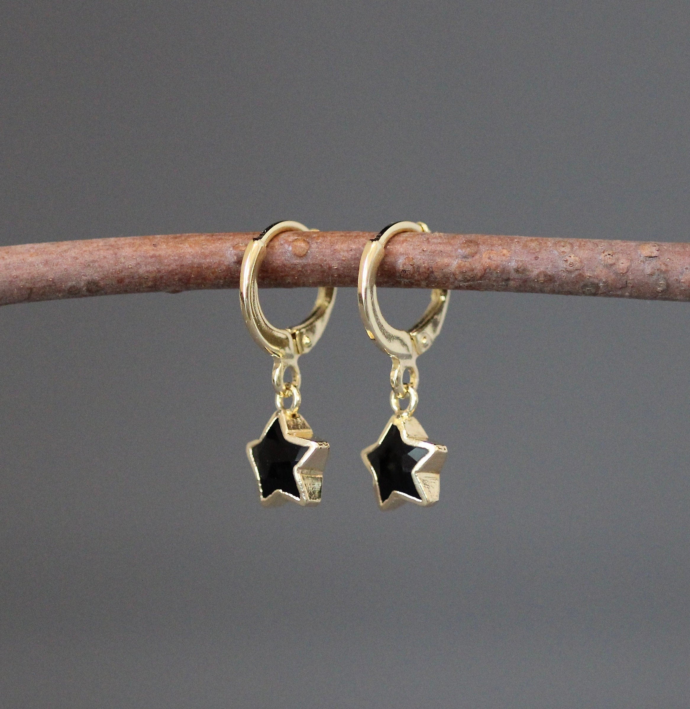 Black Onyx Star Charm Earrings on Gold Vermeil Leverback Hoops