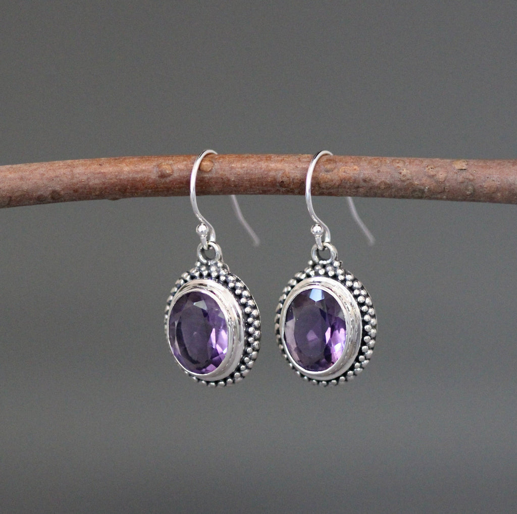 Amethyst Oval Bezel Dangle Earrings in Bali Silver