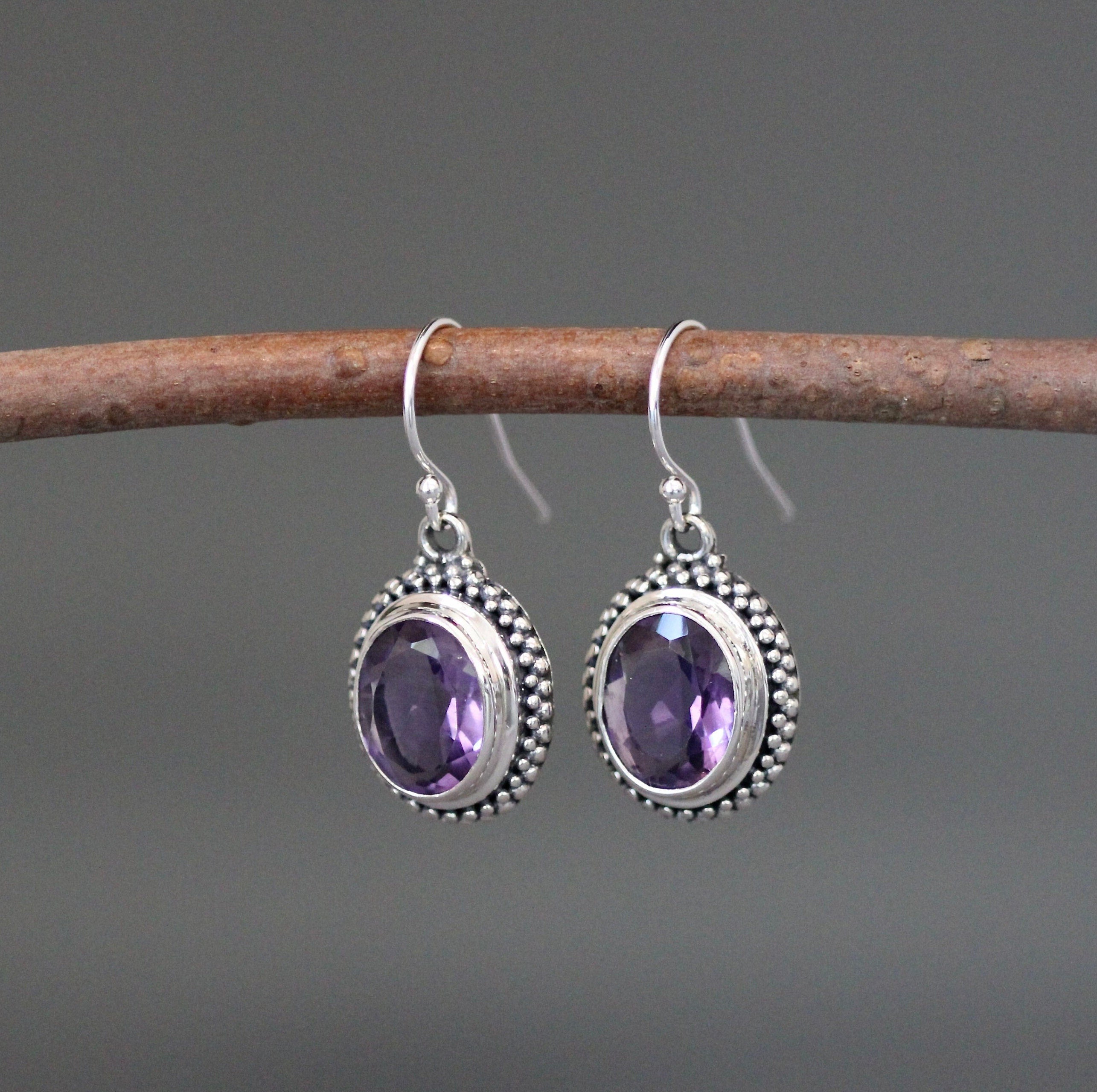 Amethyst Oval Bezel Dangle Earrings in Bali Silver
