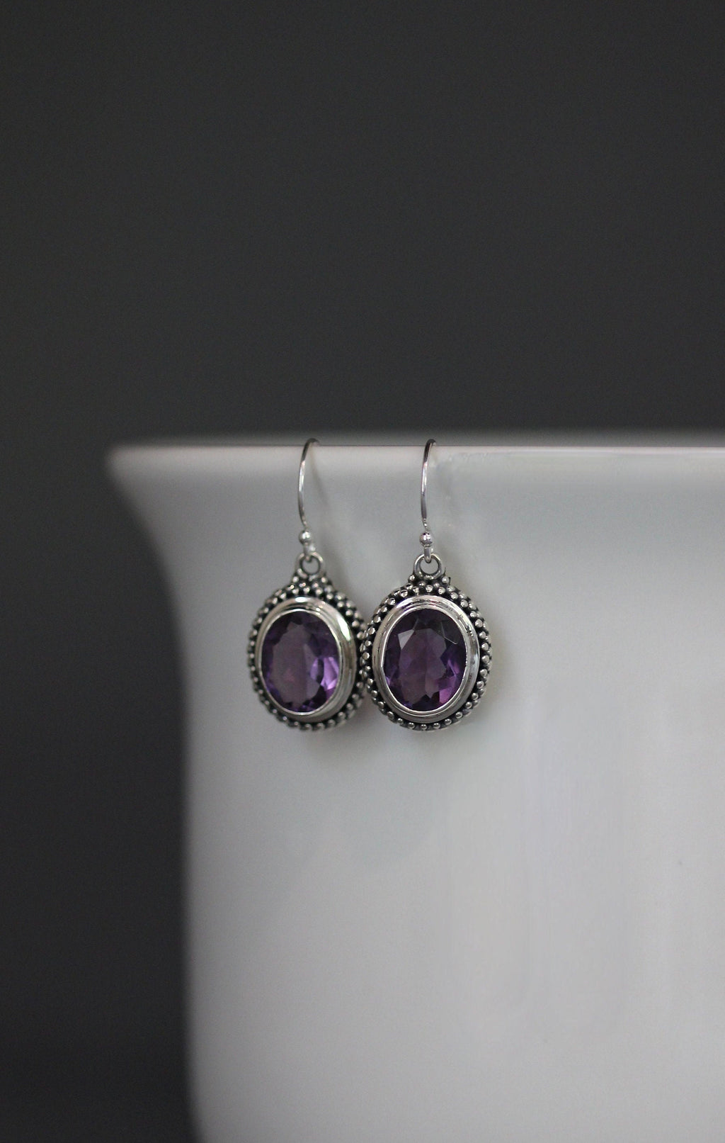 Amethyst Oval Bezel Dangle Earrings in Bali Silver