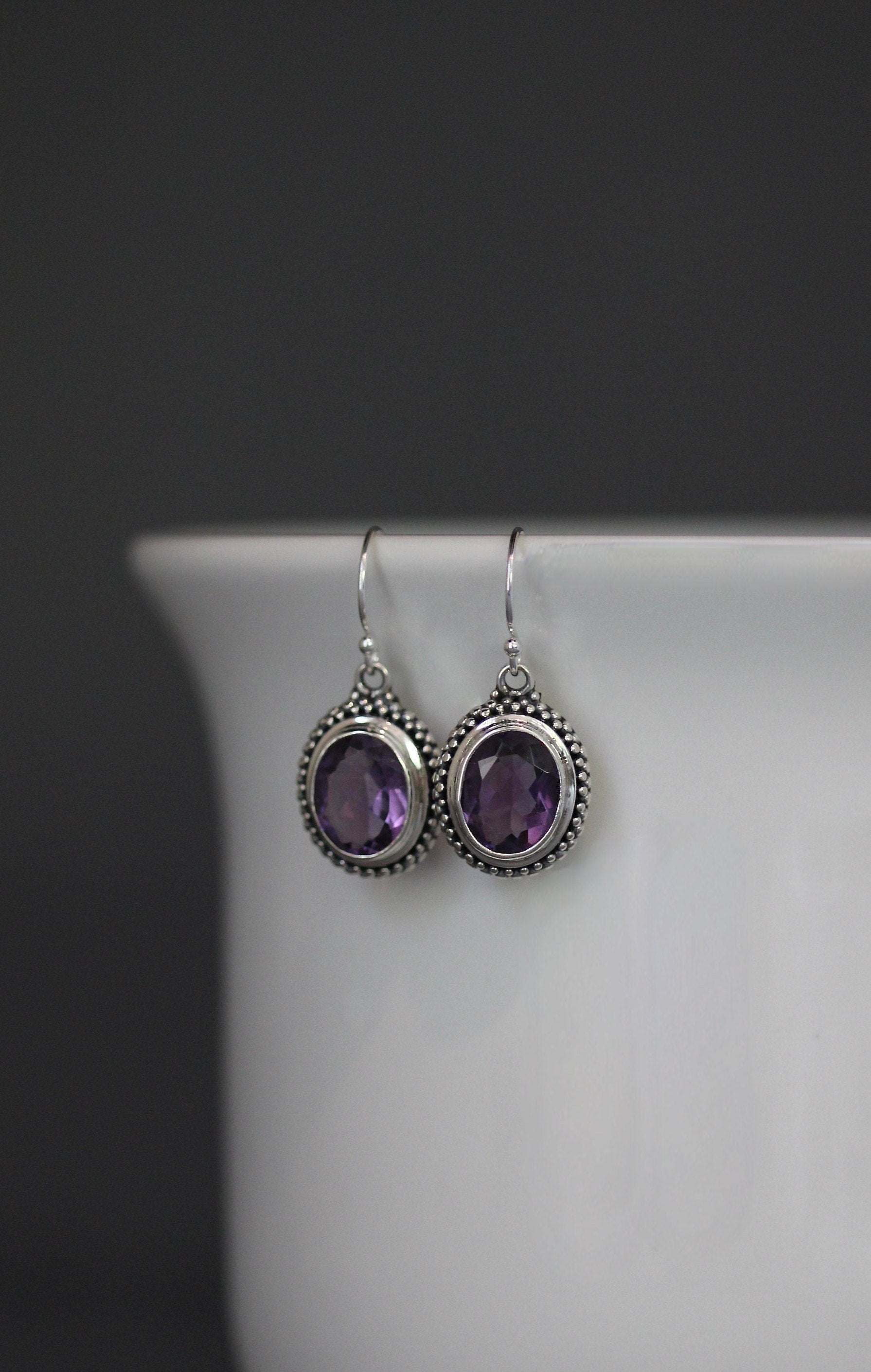 Amethyst Oval Bezel Dangle Earrings in Bali Silver