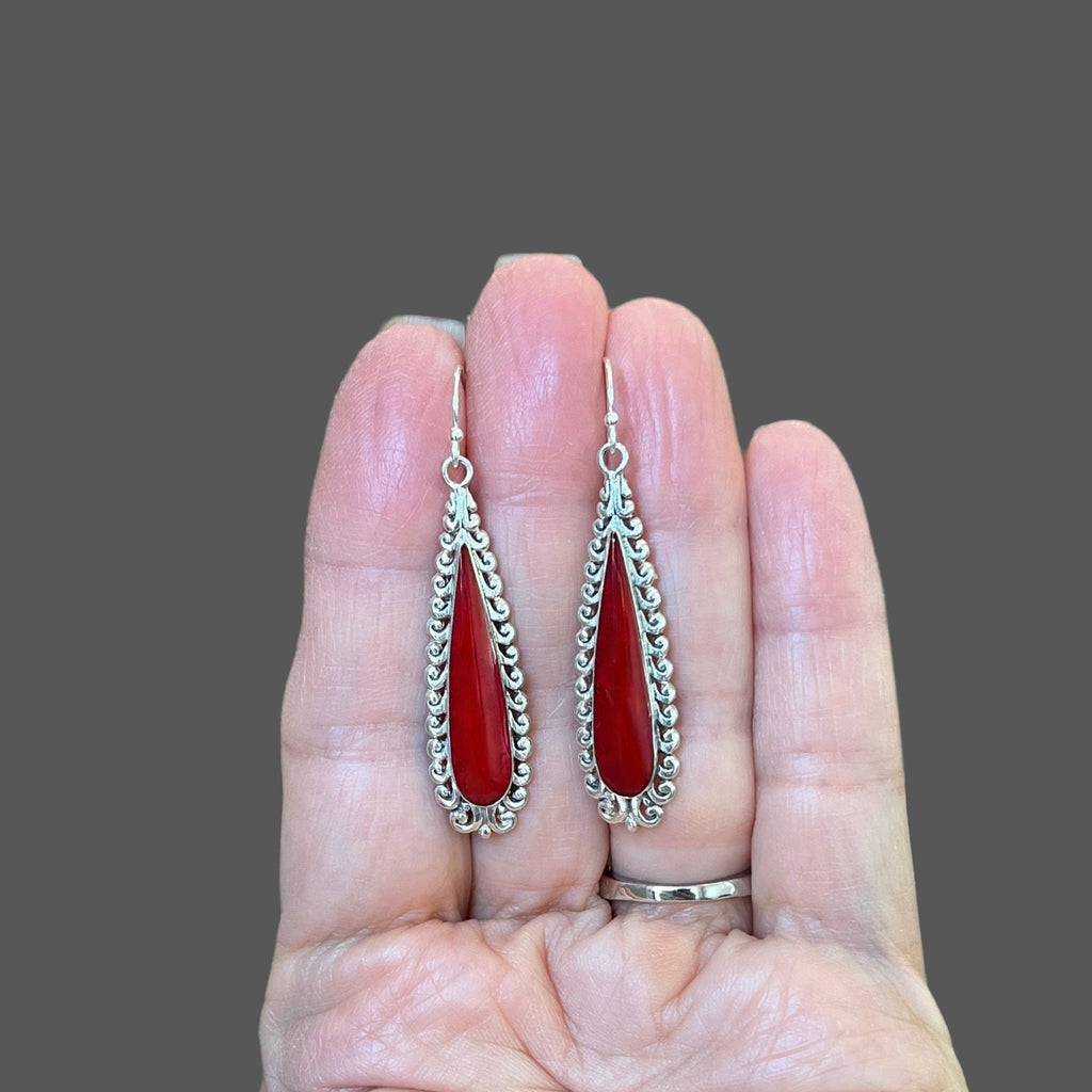 Red Coral Bezel Earrings on Long Bali Sterling Silver Filigree Links
