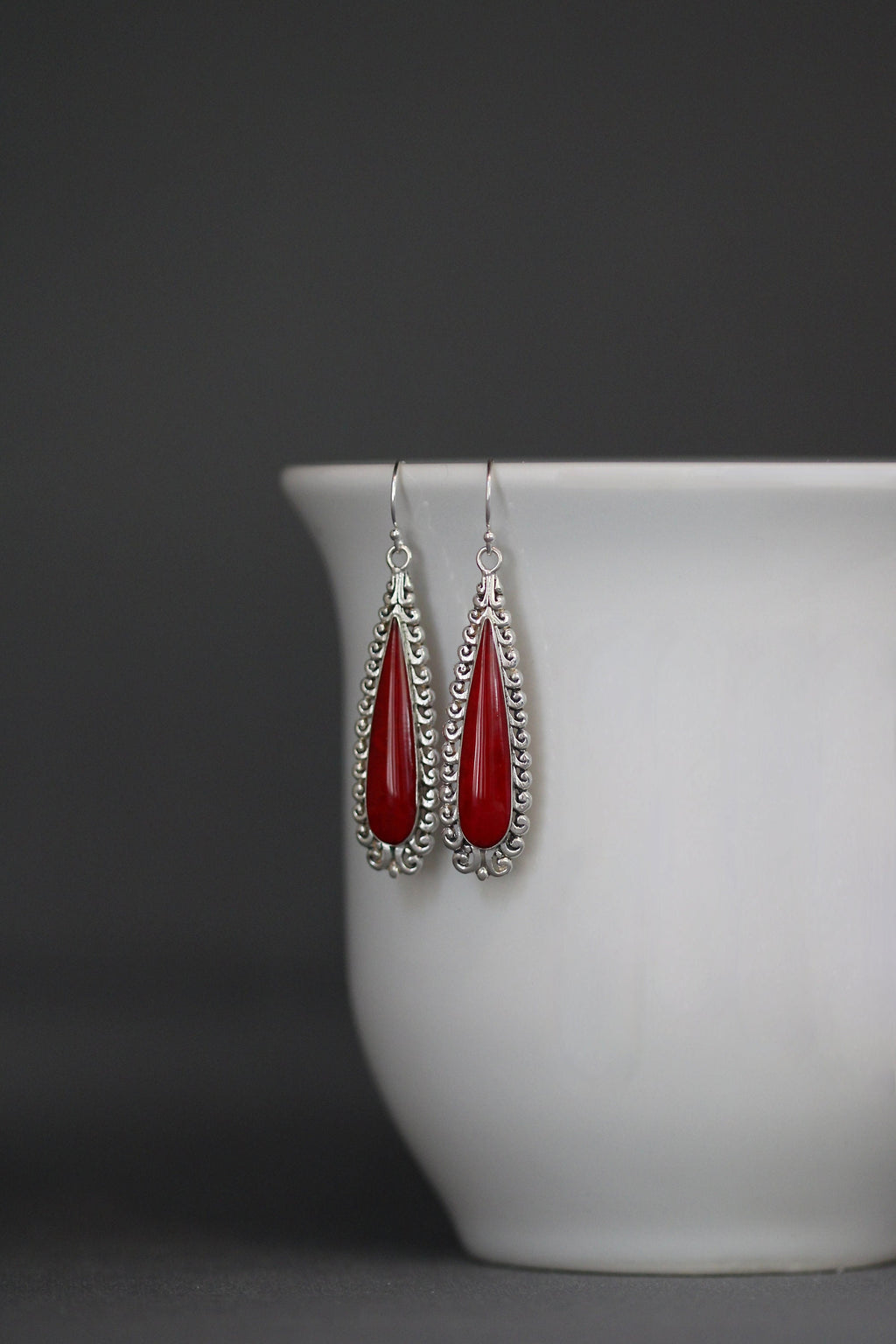 Red Coral Bezel Earrings on Long Bali Sterling Silver Filigree Links