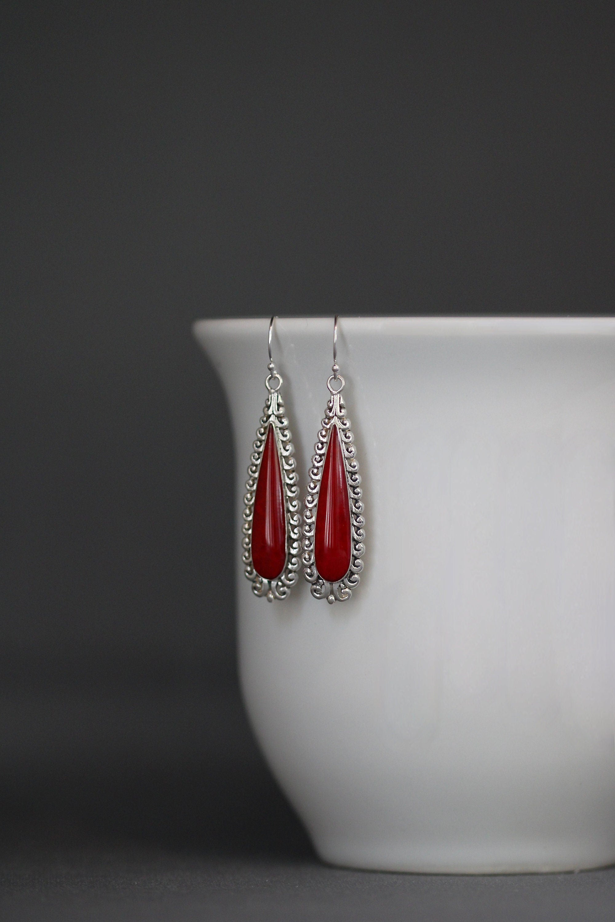 Red Coral Bezel Earrings on Long Bali Sterling Silver Filigree Links