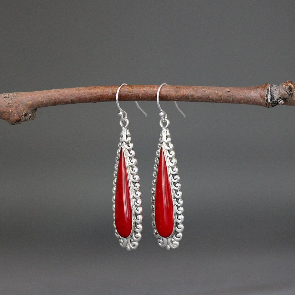 Red Coral Bezel Earrings on Long Bali Sterling Silver Filigree Links