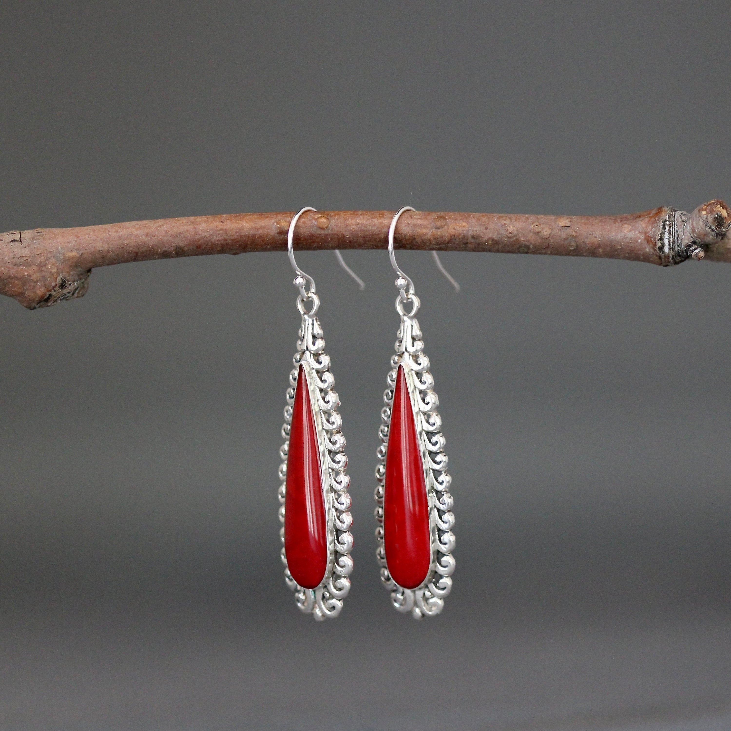 Red Coral Bezel Earrings on Long Bali Sterling Silver Filigree Links