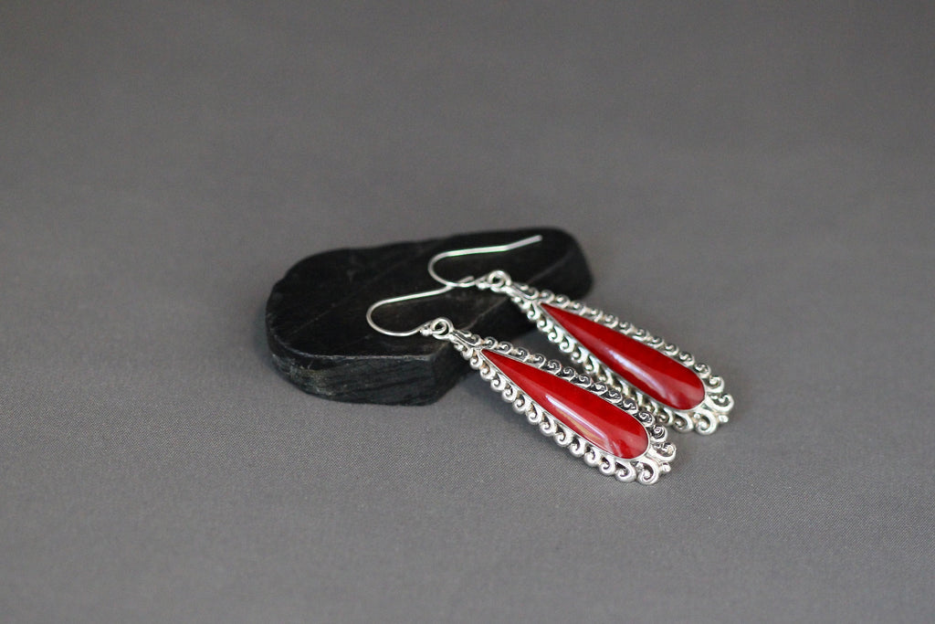 Red Coral Bezel Earrings on Long Bali Sterling Silver Filigree Links