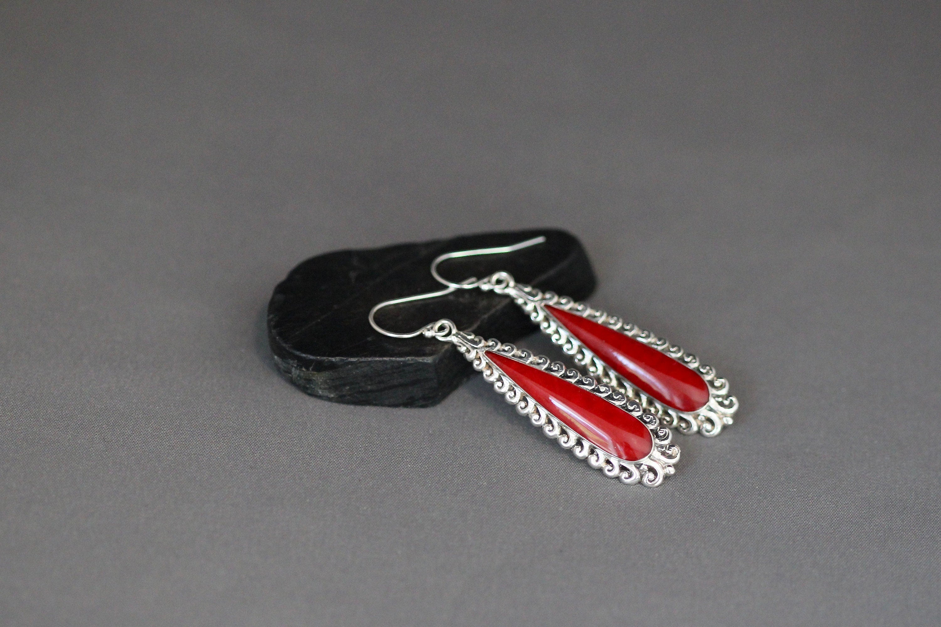 Red Coral Bezel Earrings on Long Bali Sterling Silver Filigree Links