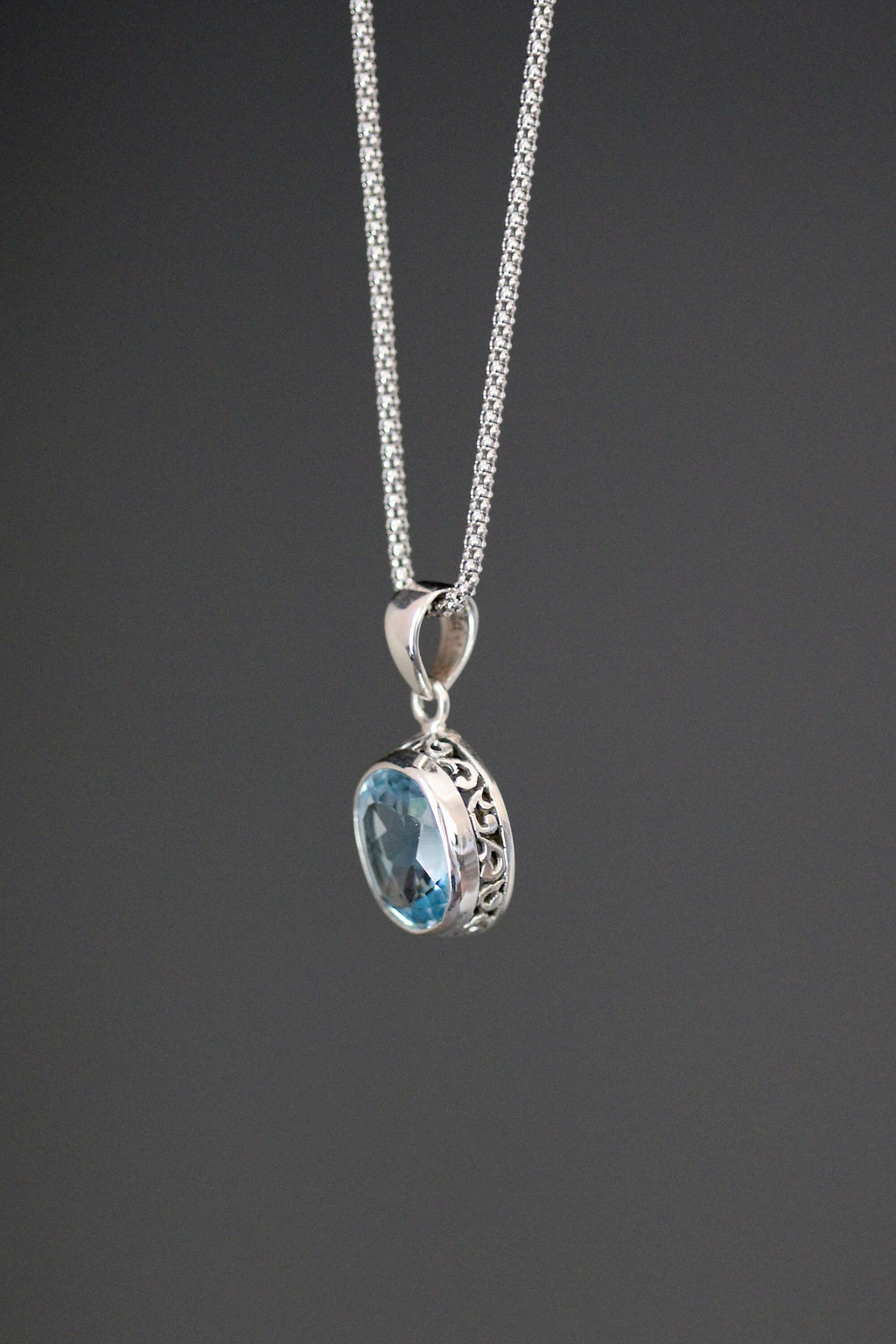 Blue Topaz Oval Stone Bali Sterling Silver Filigree Pendant Necklace