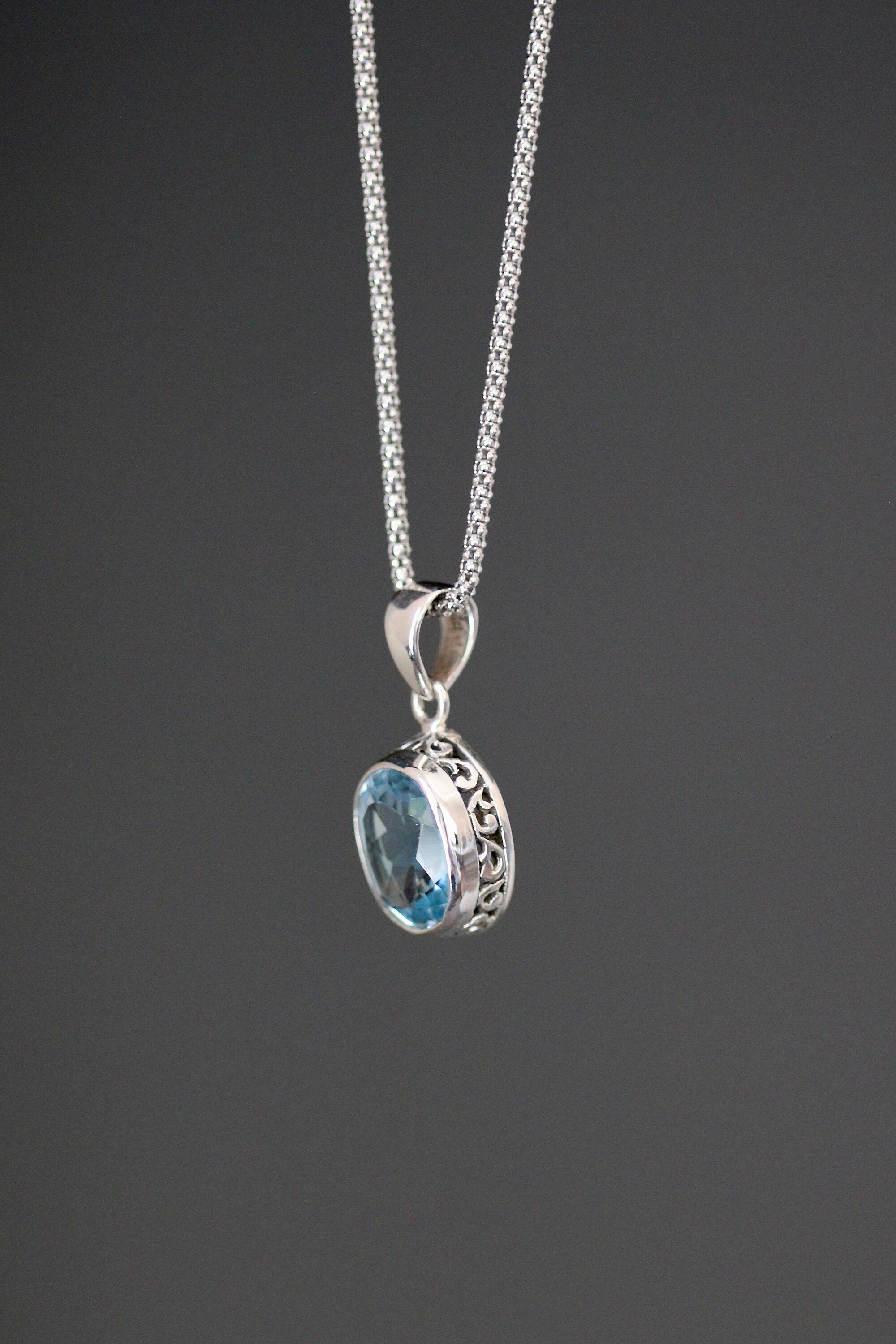 Blue Topaz Oval Stone Bali Sterling Silver Filigree Pendant Necklace