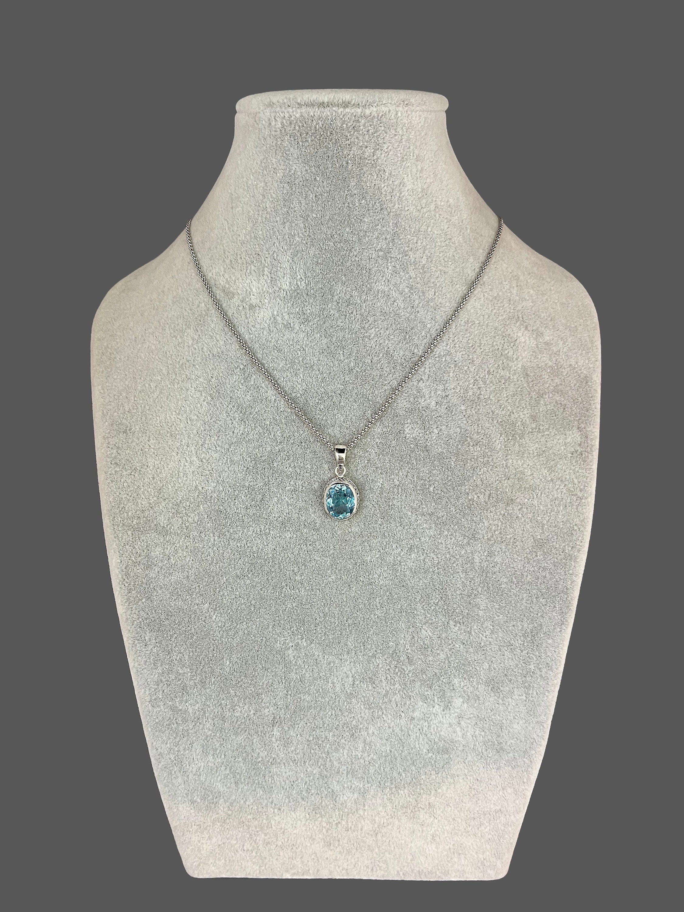 Blue Topaz Oval Stone Bali Sterling Silver Filigree Pendant Necklace