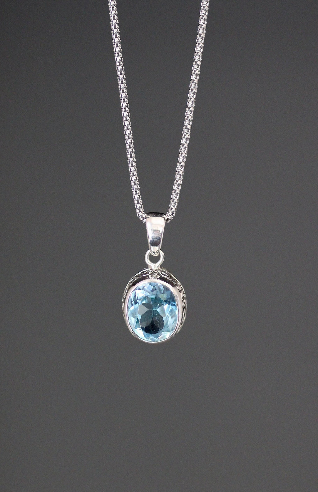 Blue Topaz Oval Stone Bali Sterling Silver Filigree Pendant Necklace