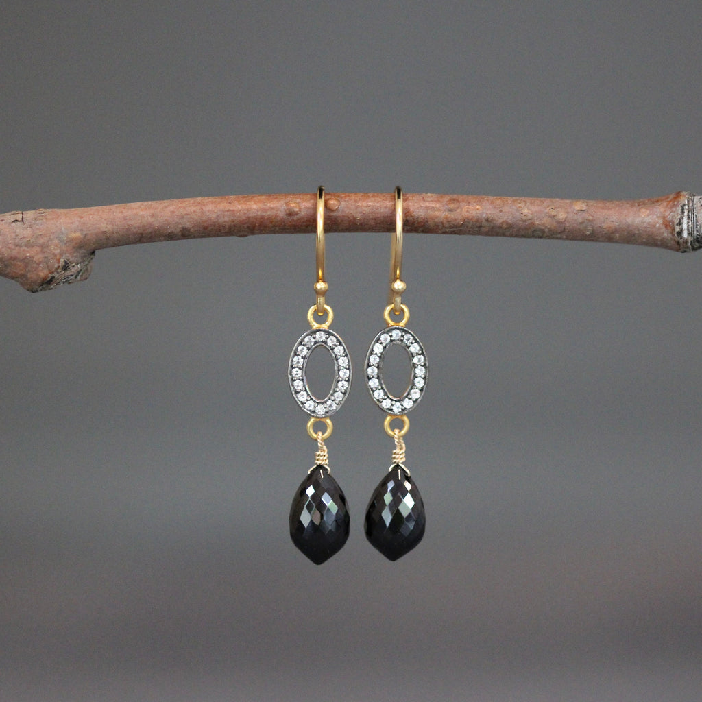 Black Spinel and White Topaz Pave Gold Vermeil Dangle Earrings
