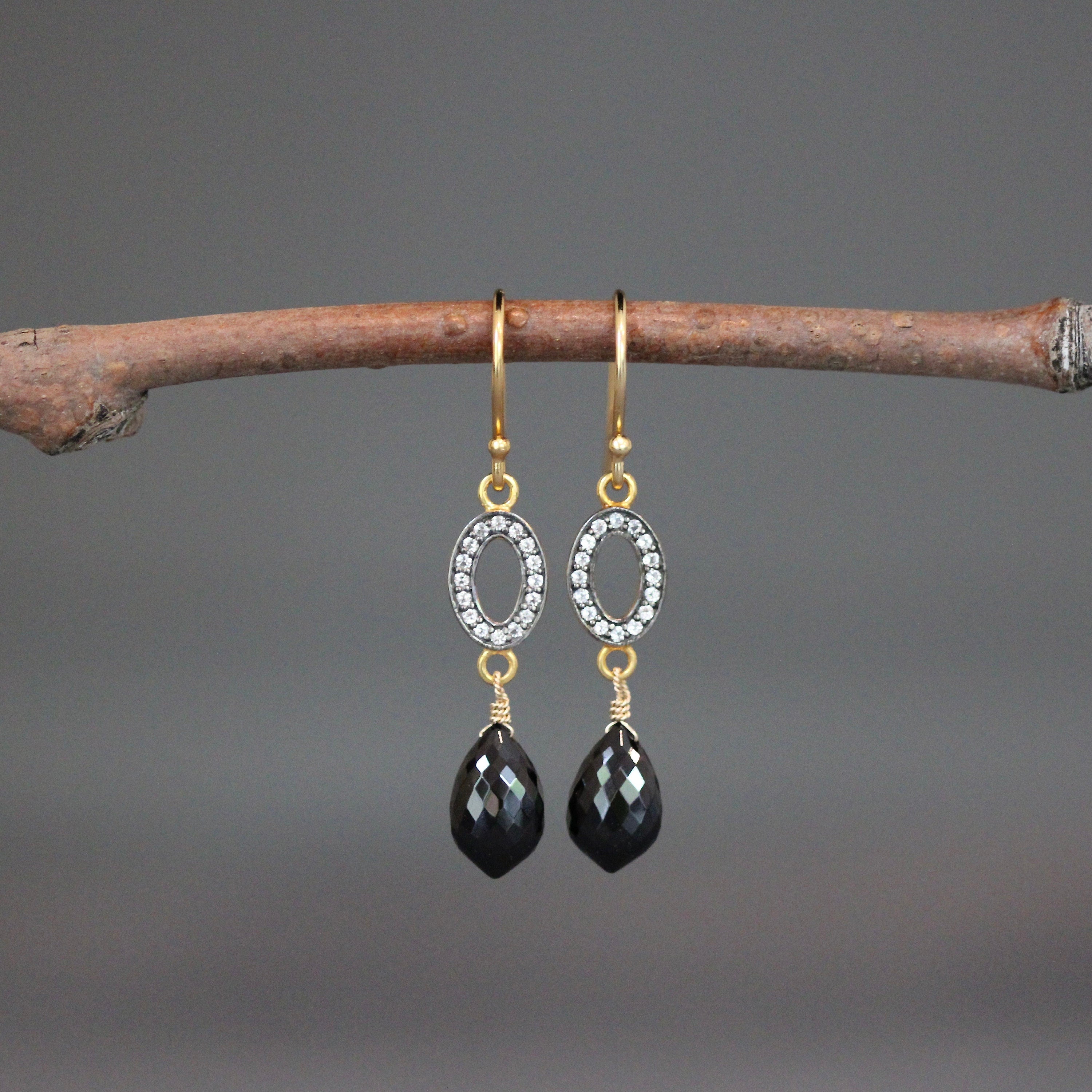 Black Spinel and White Topaz Pave Gold Vermeil Dangle Earrings