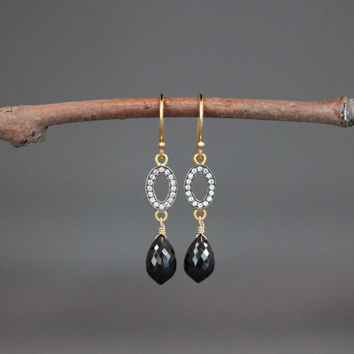 Black Spinel and White Topaz Pave Gold Vermeil Dangle Earrings