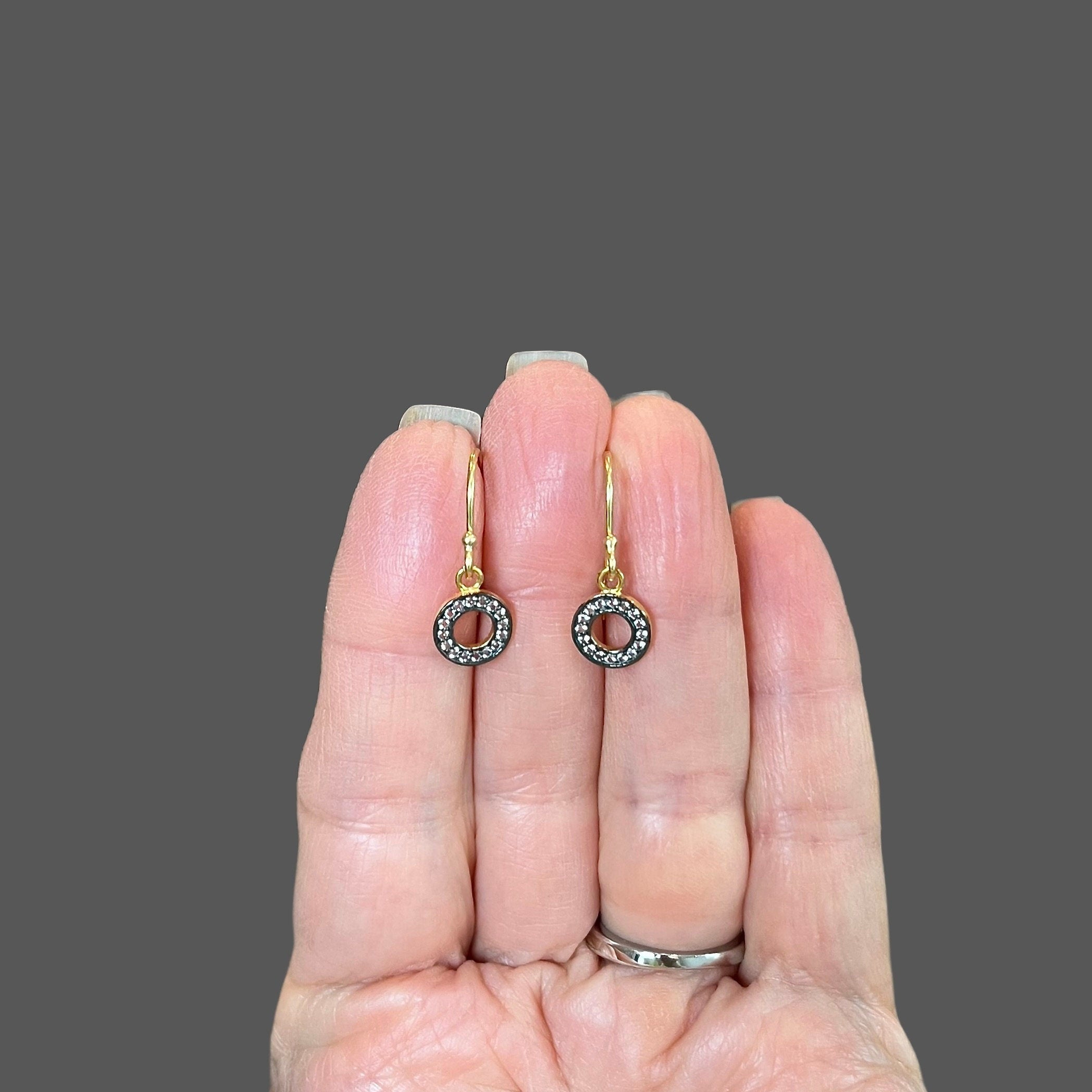 White Topaz Pave Circle Dangle Earrings in Gold Vermeil