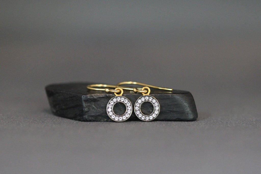 White Topaz Pave Circle Dangle Earrings in Gold Vermeil