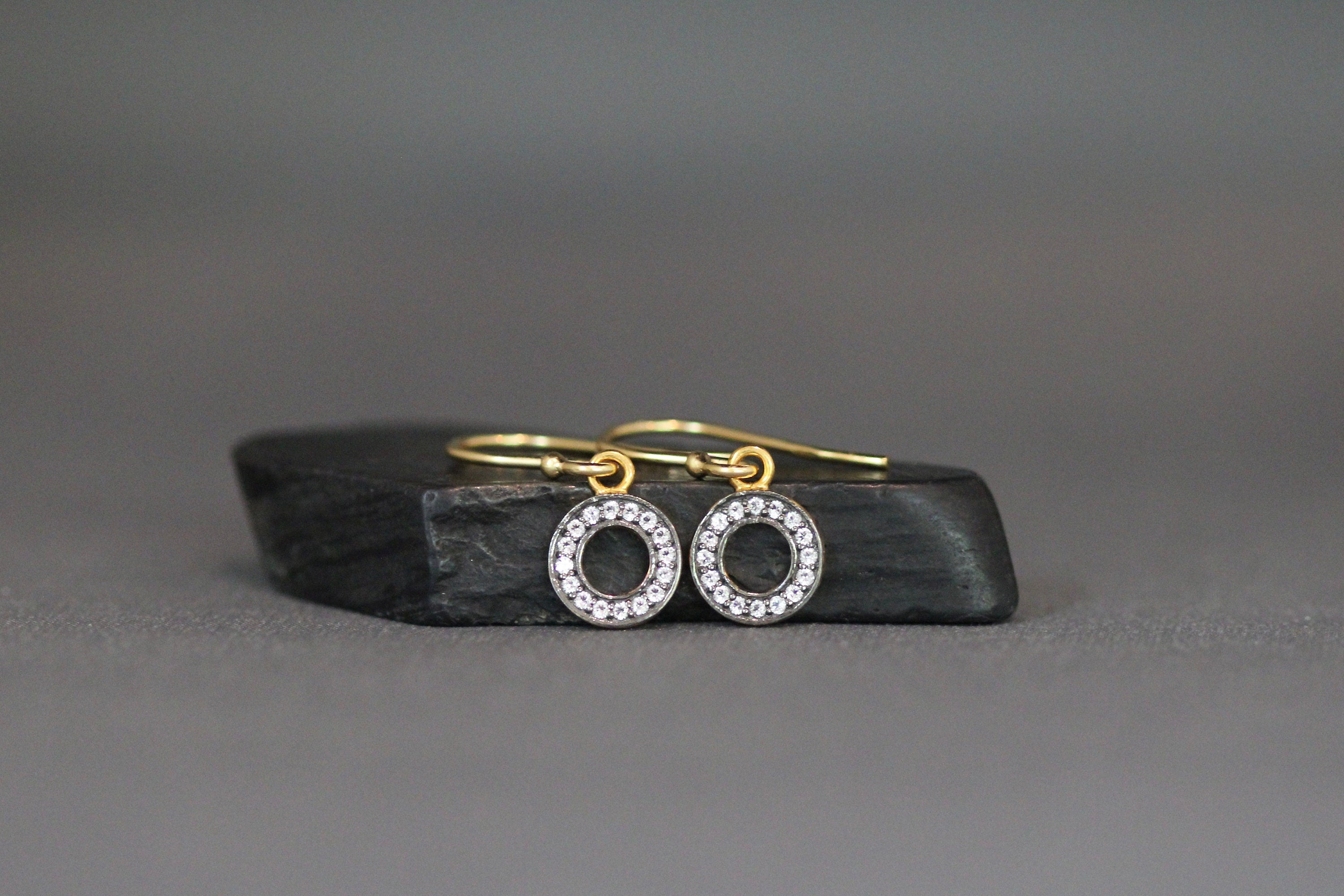 White Topaz Pave Circle Dangle Earrings in Gold Vermeil