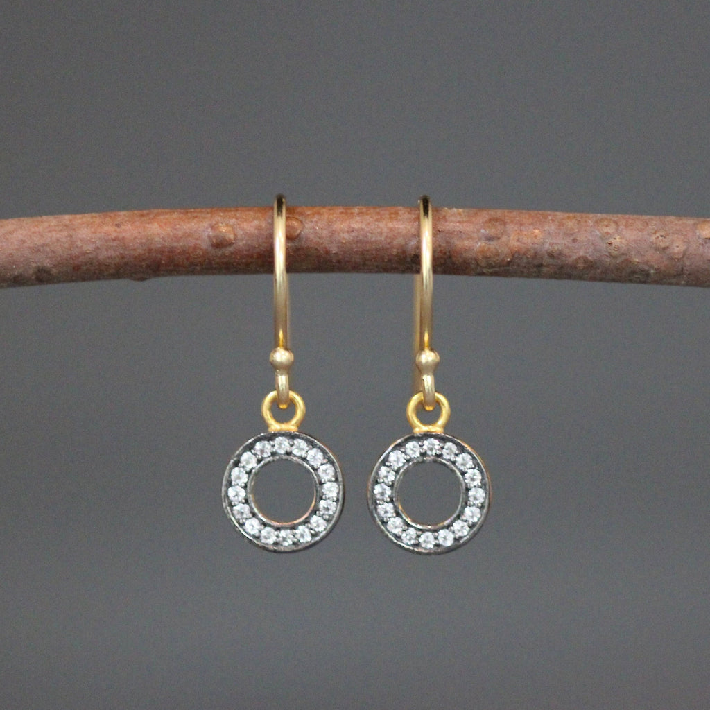 White Topaz Pave Circle Dangle Earrings in Gold Vermeil