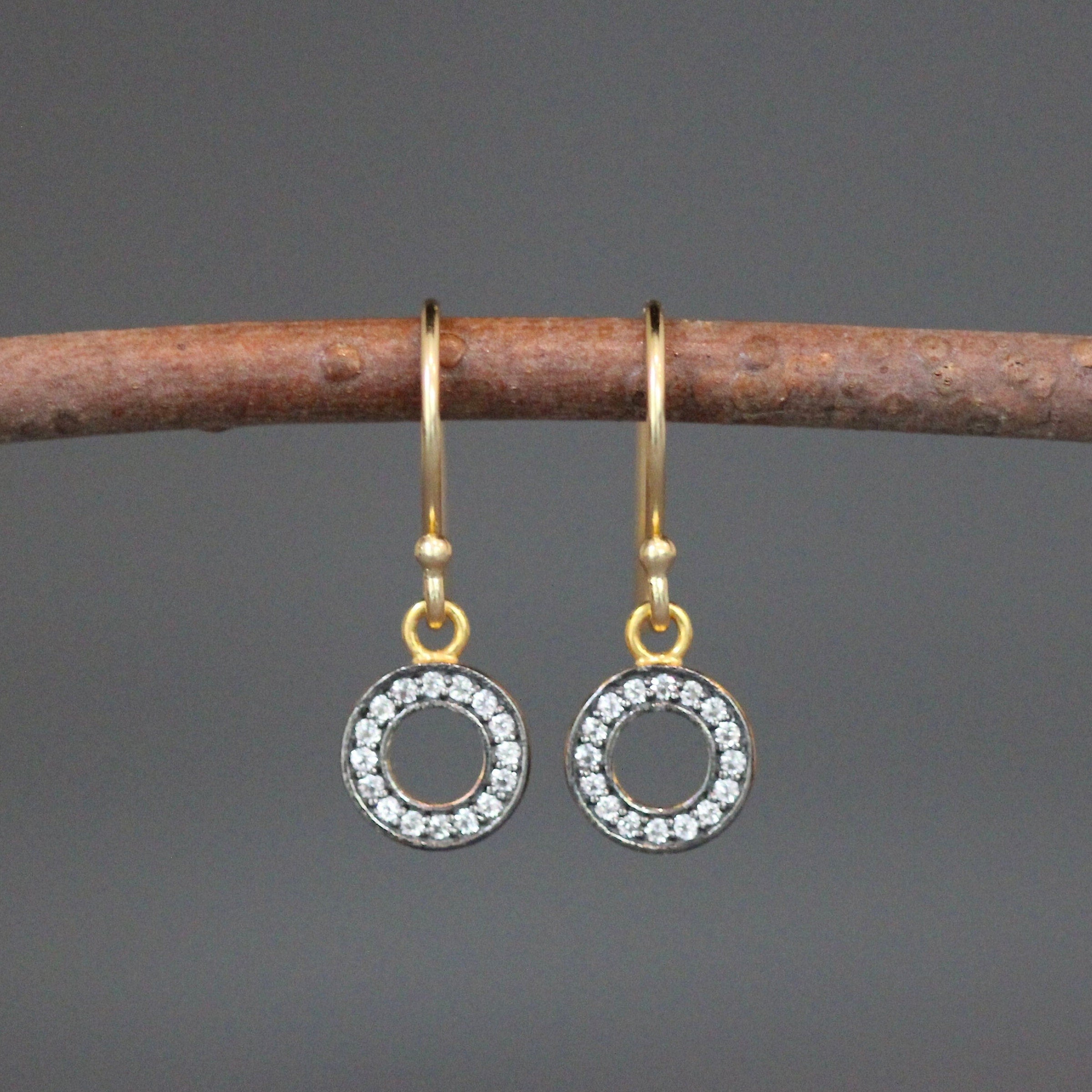 White Topaz Pave Circle Dangle Earrings in Gold Vermeil