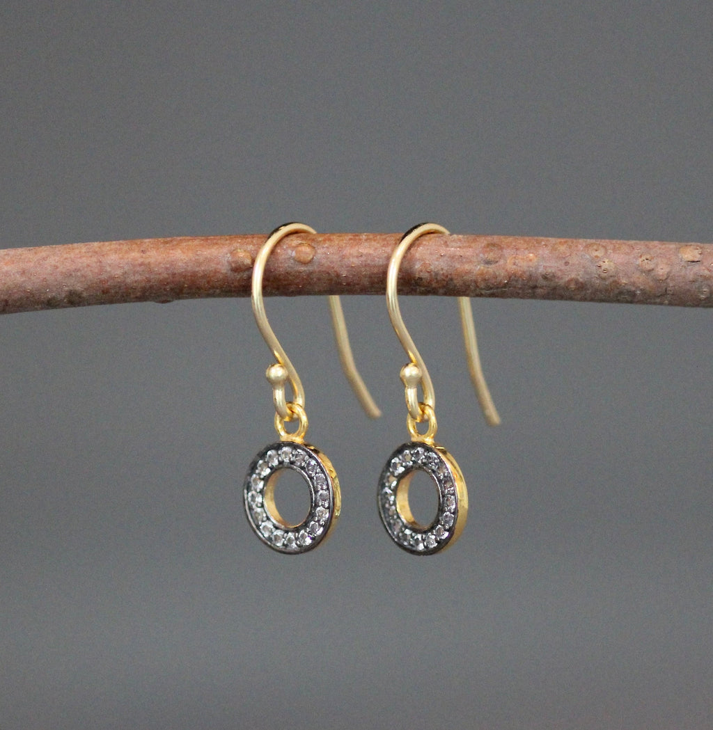 White Topaz Pave Circle Dangle Earrings in Gold Vermeil