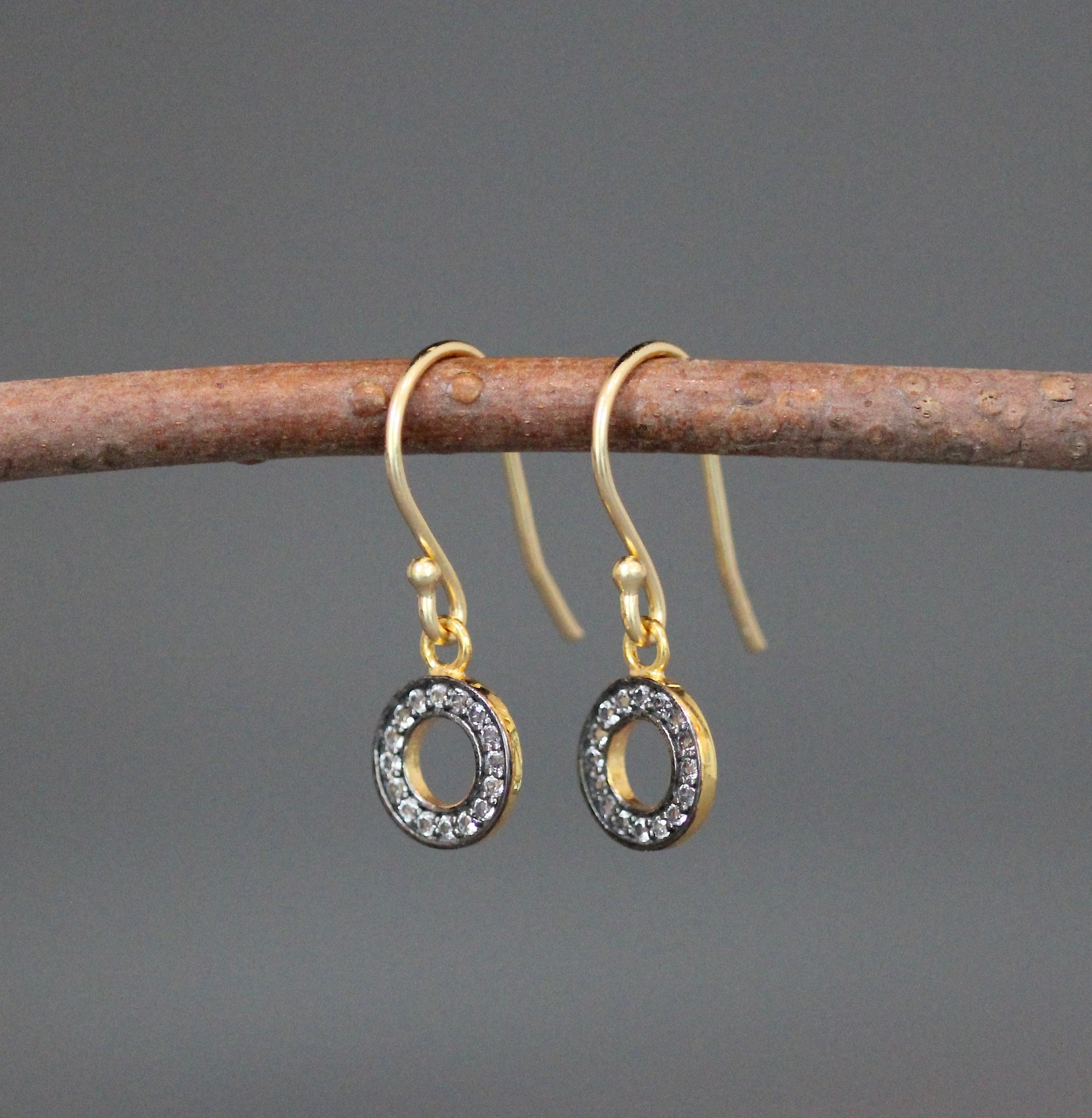 White Topaz Pave Circle Dangle Earrings in Gold Vermeil