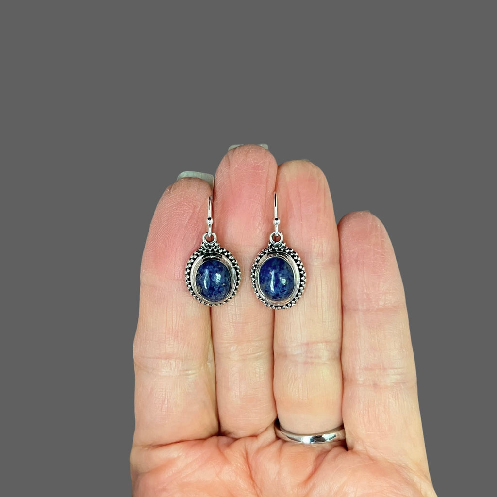 Lapis Lazuli Oval Bali Silver Bezel Dangle Earrings