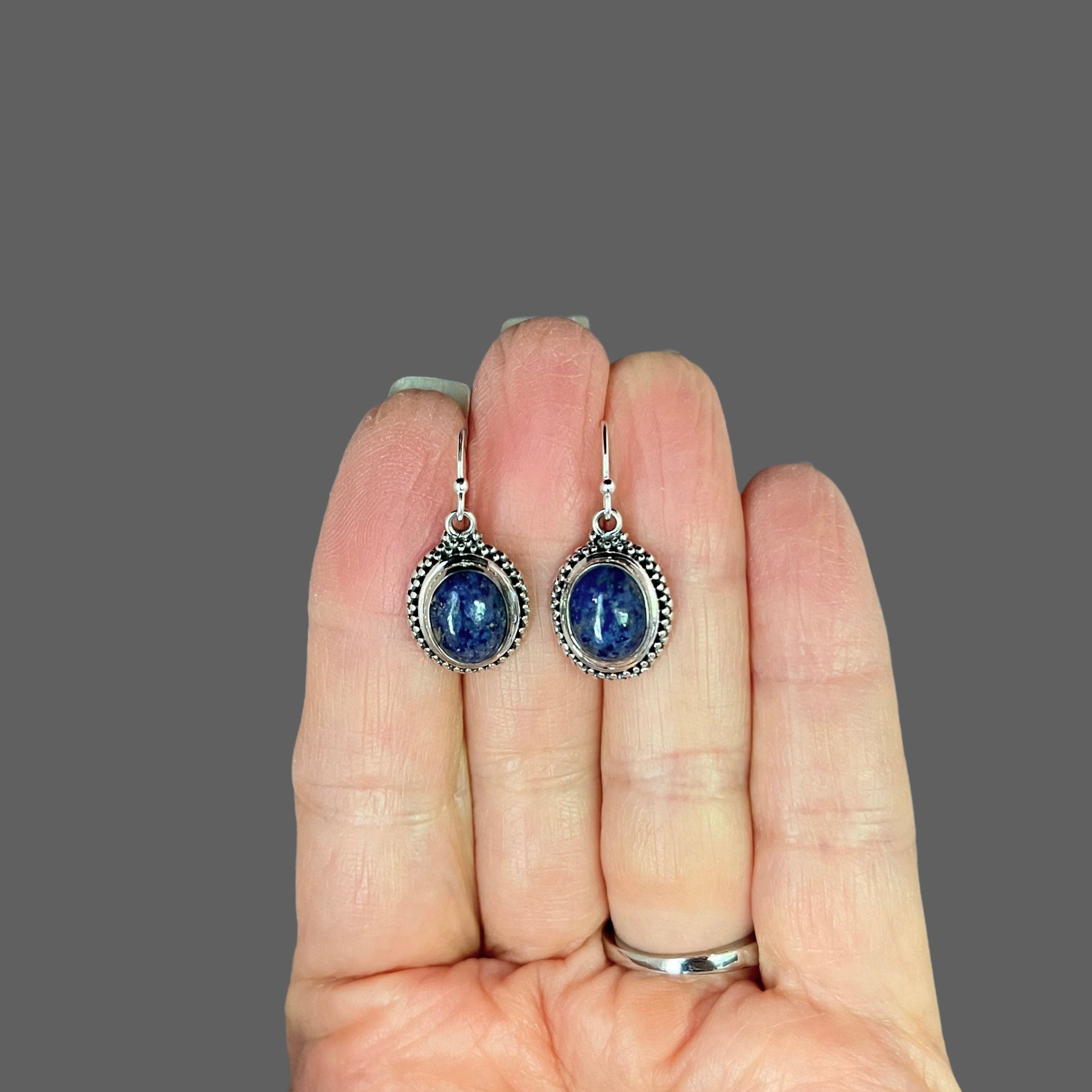 Lapis Lazuli Oval Bali Silver Bezel Dangle Earrings