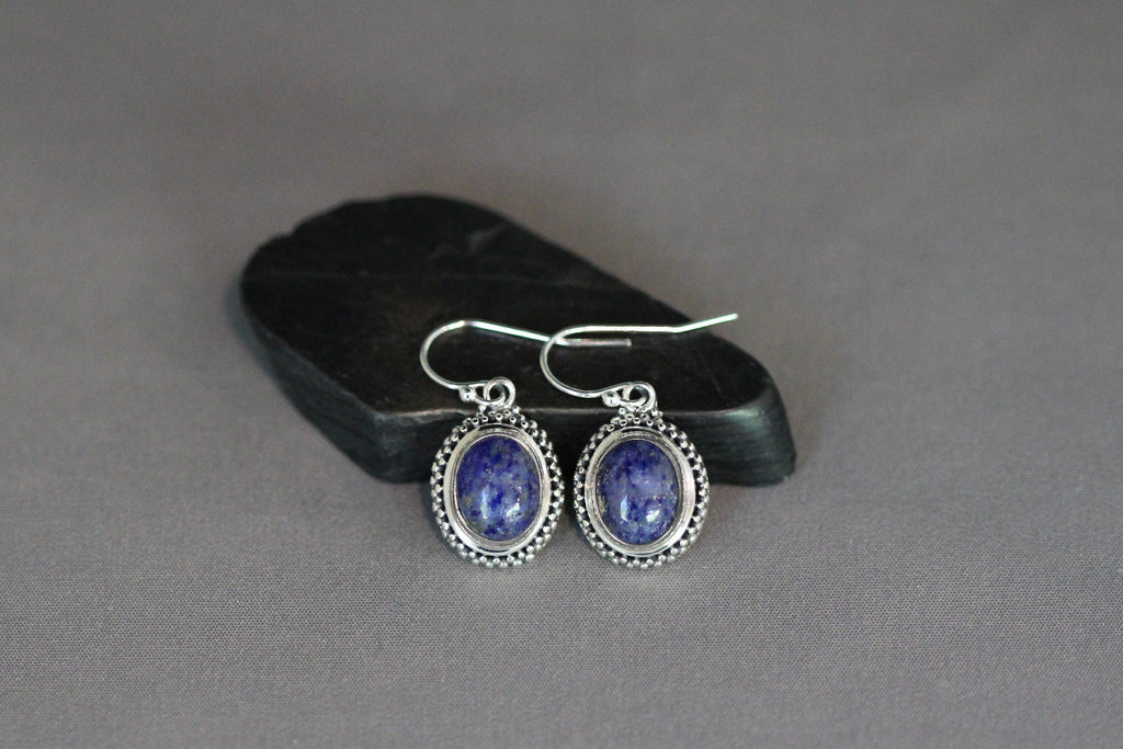 Lapis Lazuli Oval Bali Silver Bezel Dangle Earrings