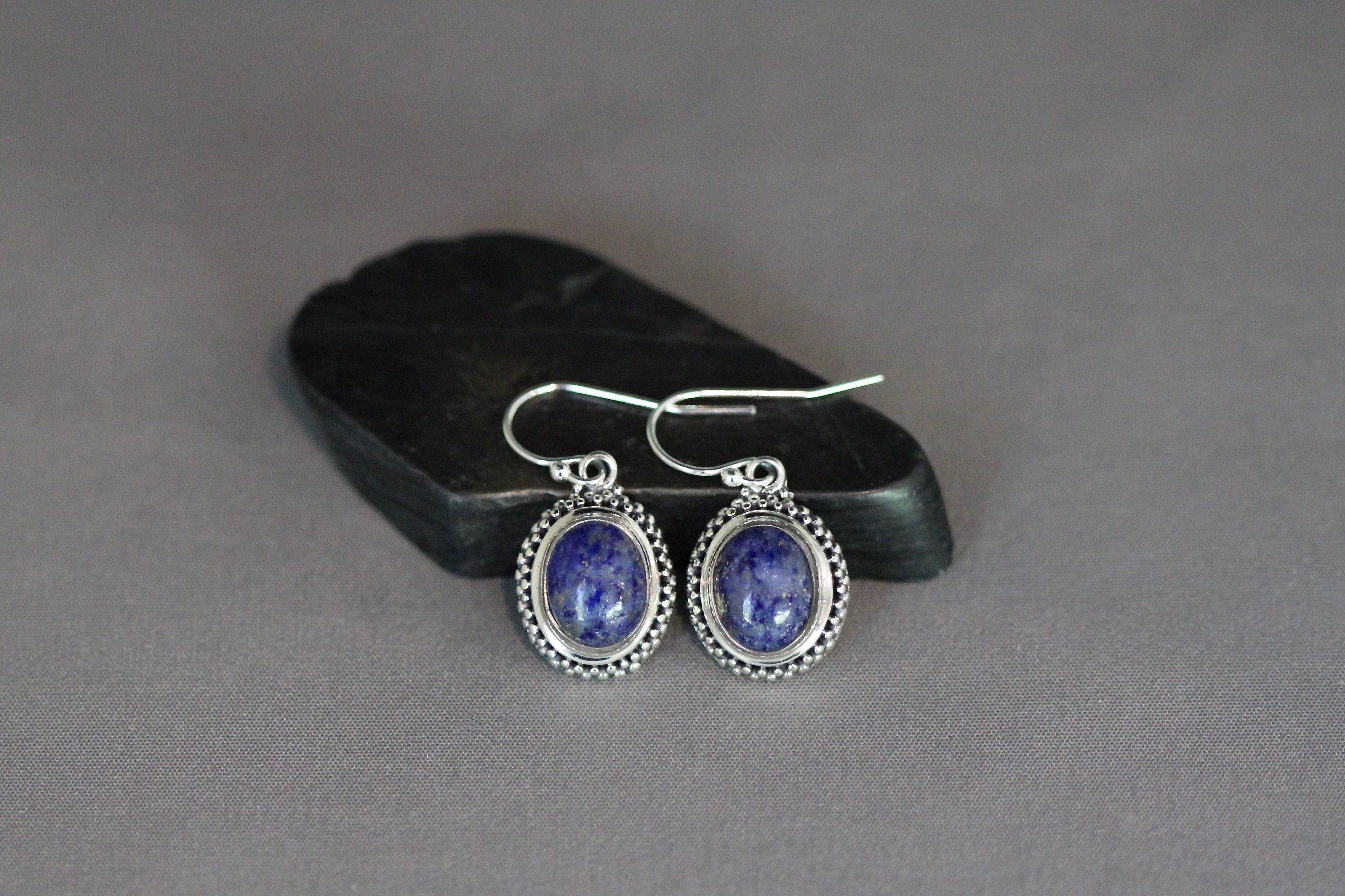 Lapis Lazuli Oval Bali Silver Bezel Dangle Earrings