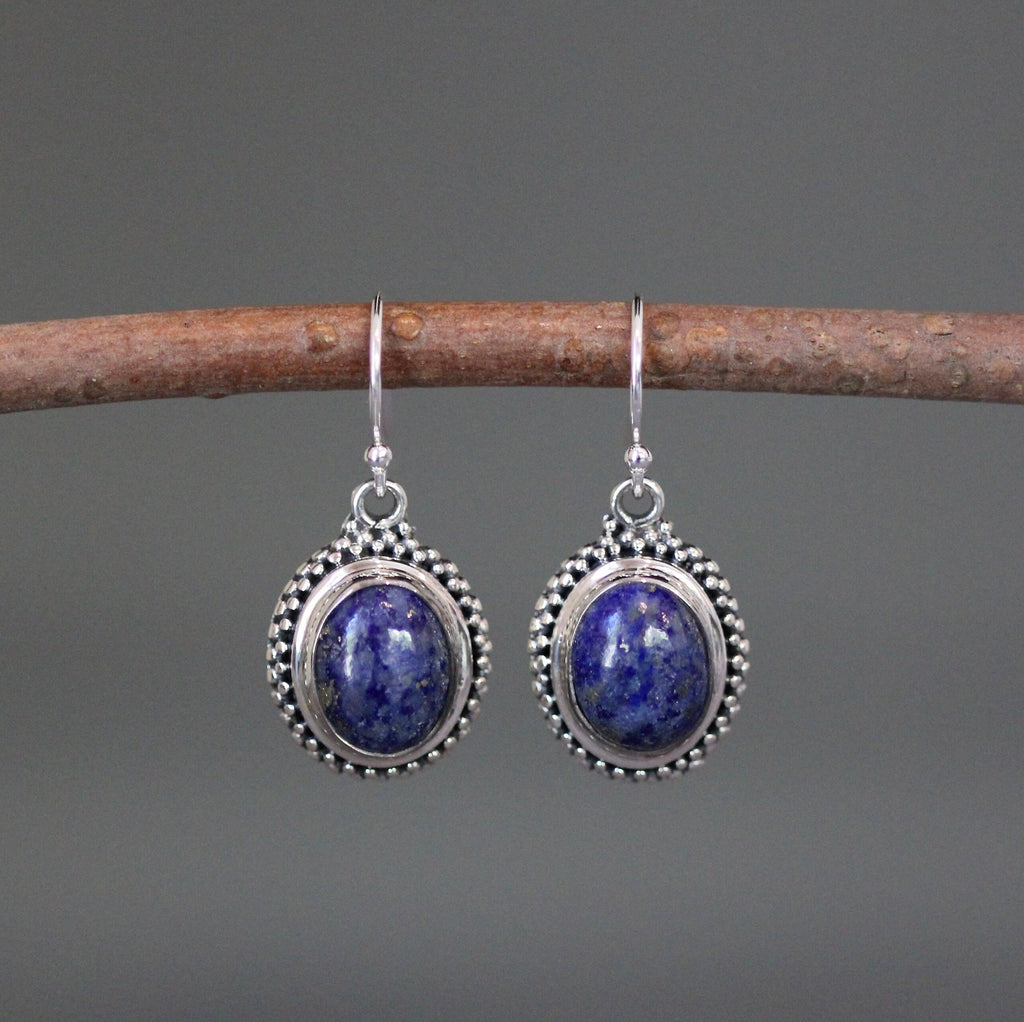Lapis Lazuli Oval Bali Silver Bezel Dangle Earrings
