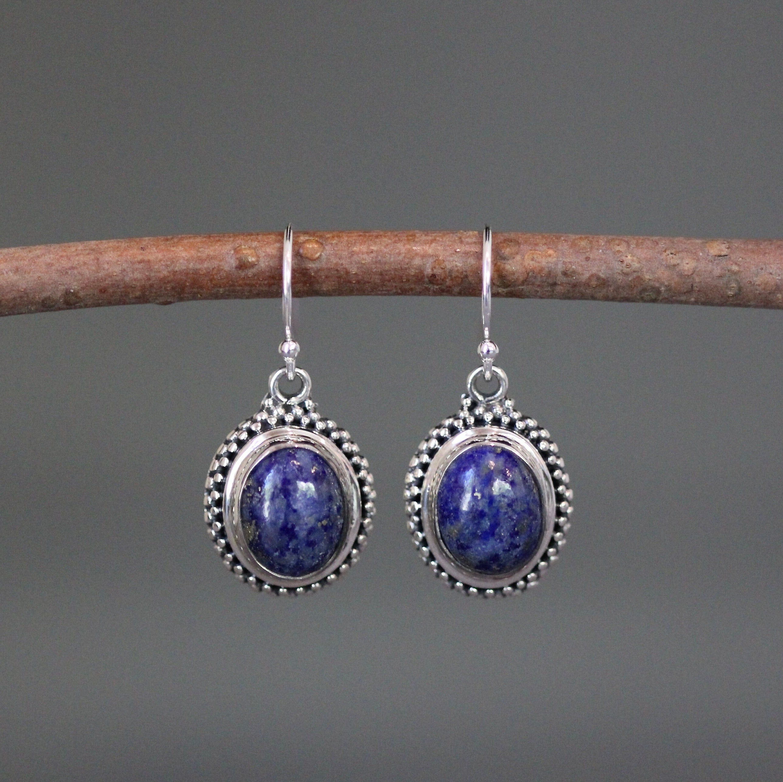 Lapis Lazuli Oval Bali Silver Bezel Dangle Earrings