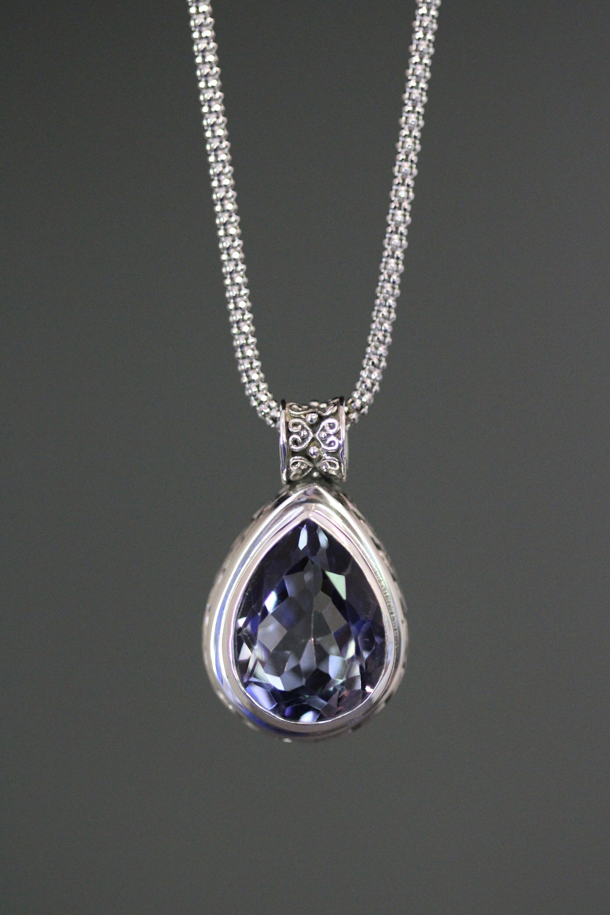 Blue Mystic Quartz Teardrop Bezel Pendant in Bali Sterling Silver