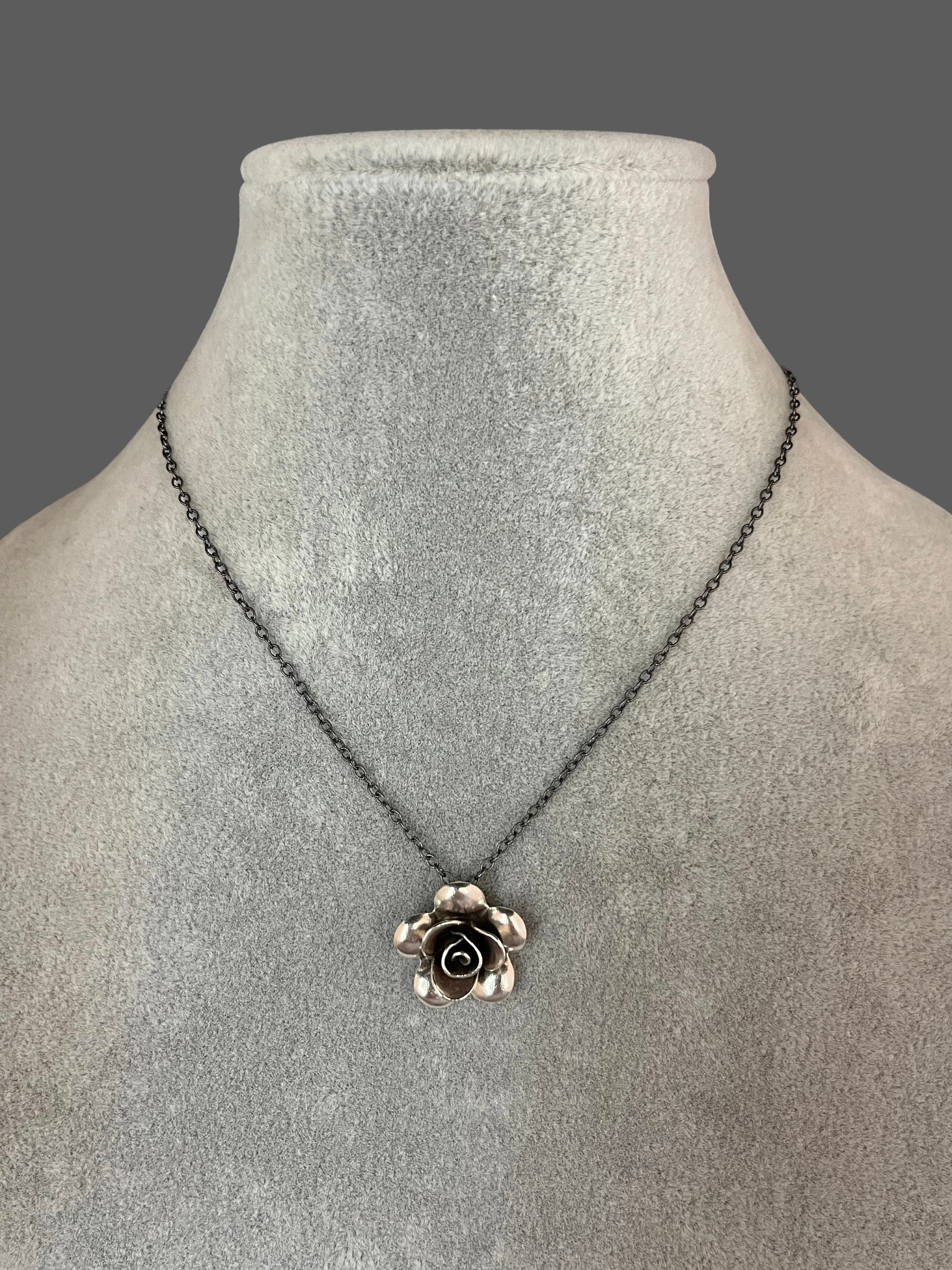 3D Bali Sterling Silver Flower Charm Necklace on Oxidized Silver Chain