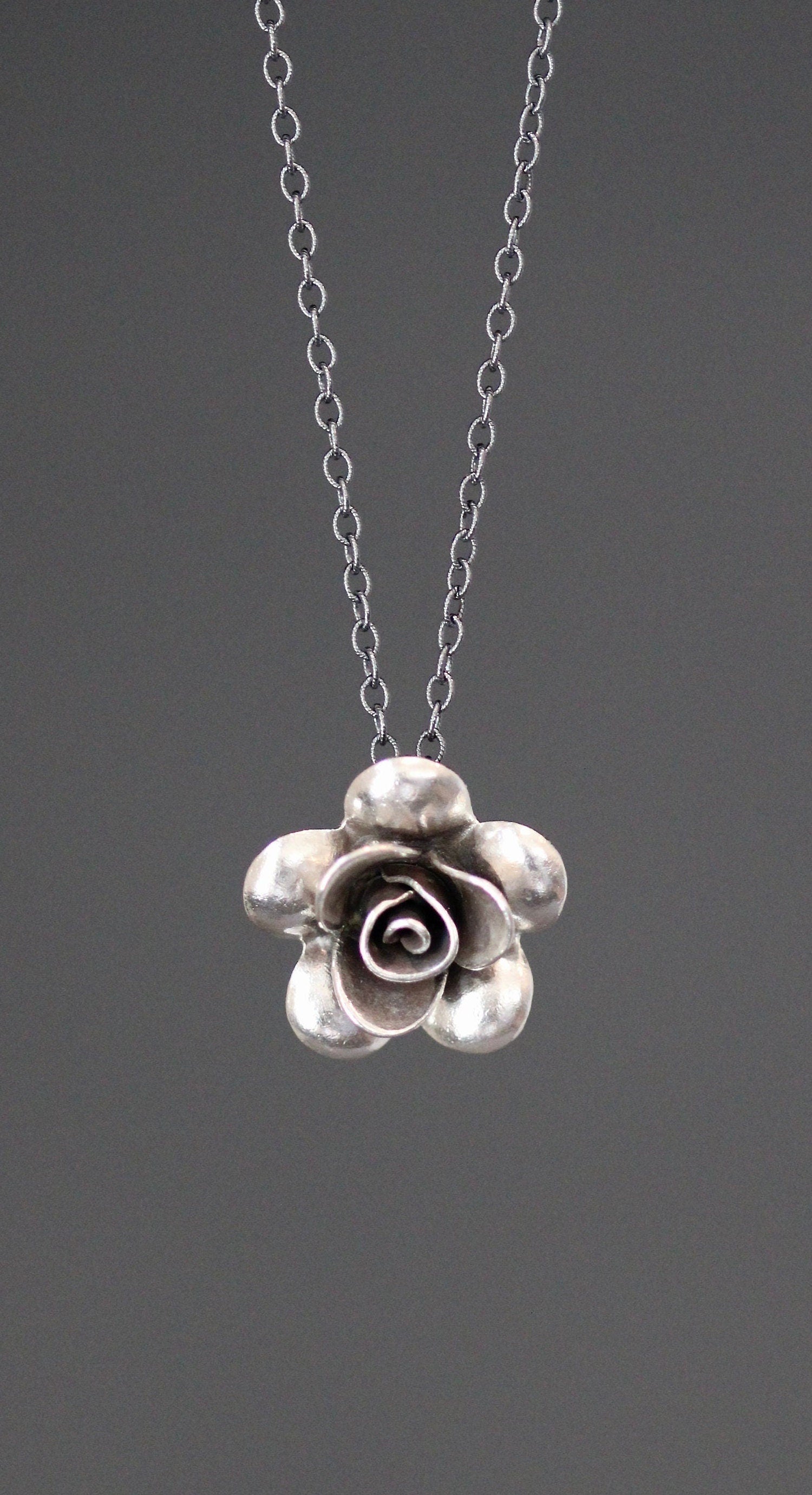 3D Bali Sterling Silver Flower Charm Necklace on Oxidized Silver Chain