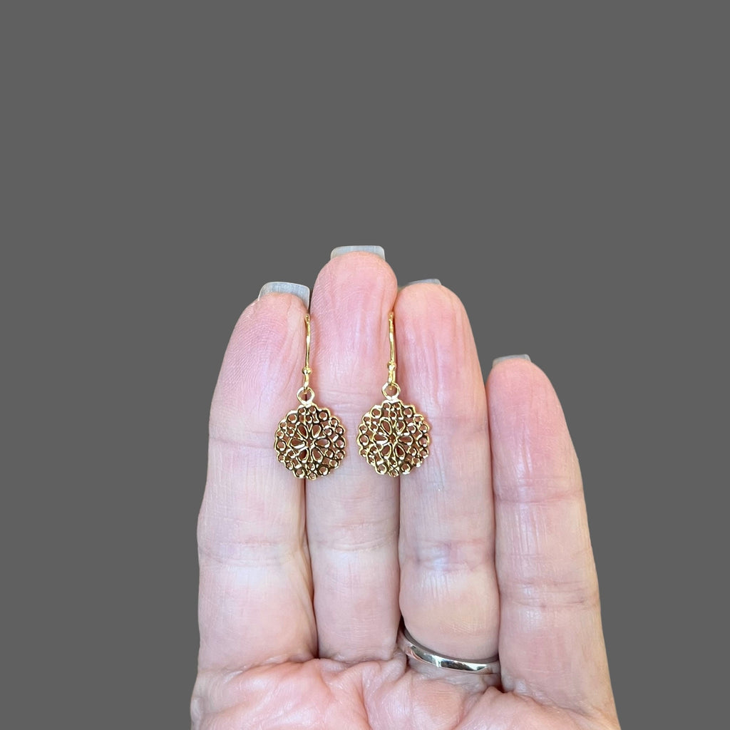 Gold Vermeil Filigree Round Flower Dangle Earrings