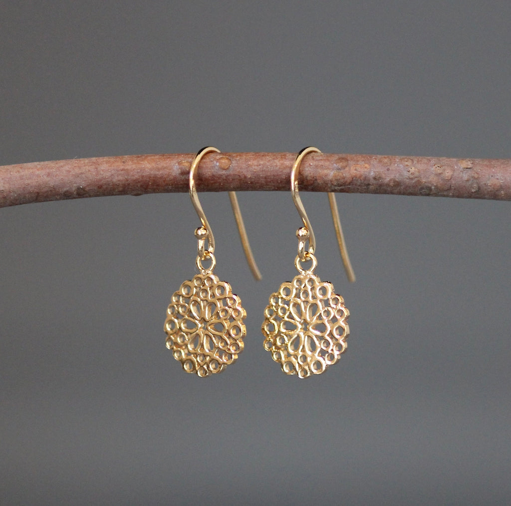 Gold Vermeil Filigree Round Flower Dangle Earrings