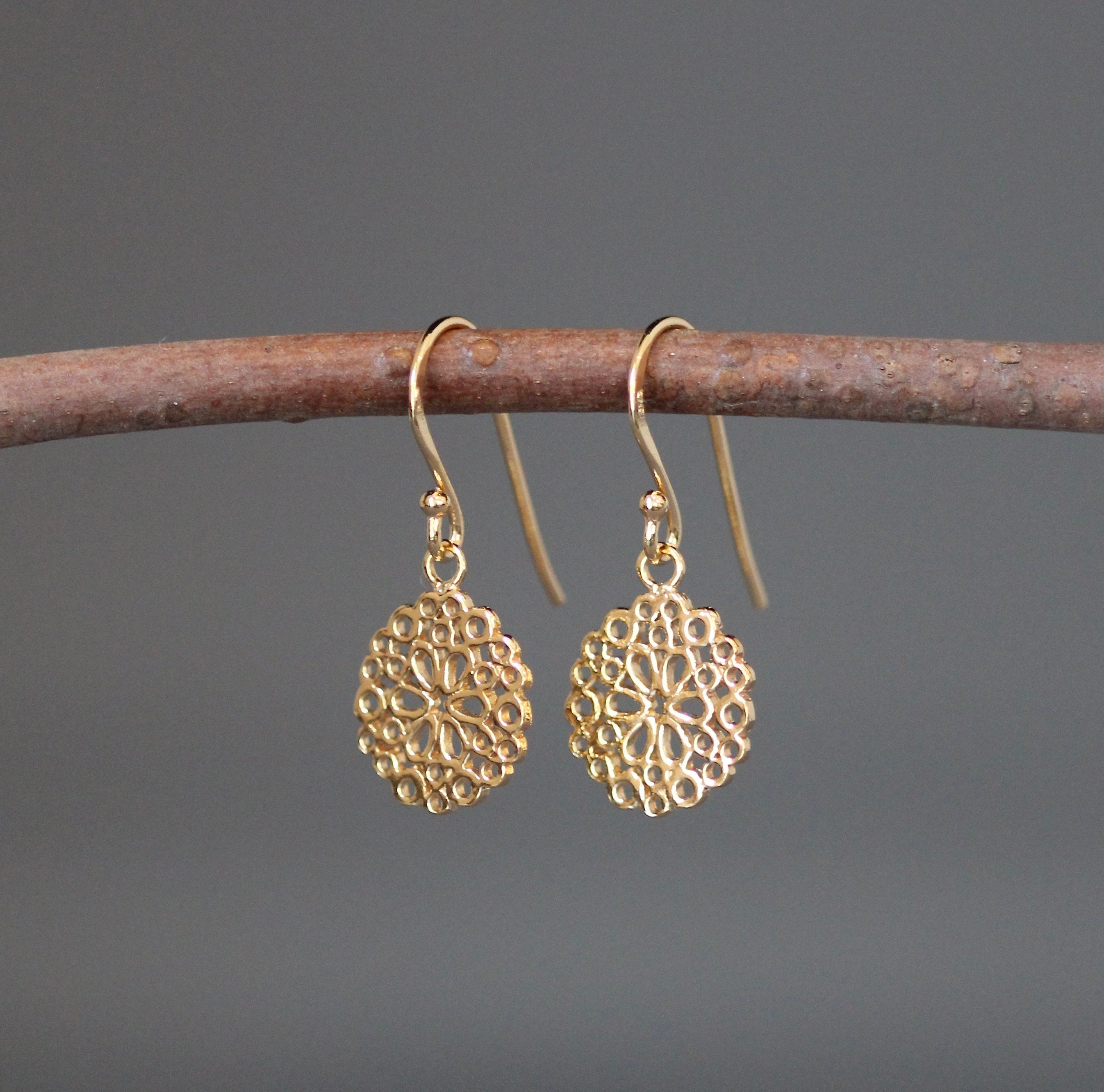 Gold Vermeil Filigree Round Flower Dangle Earrings