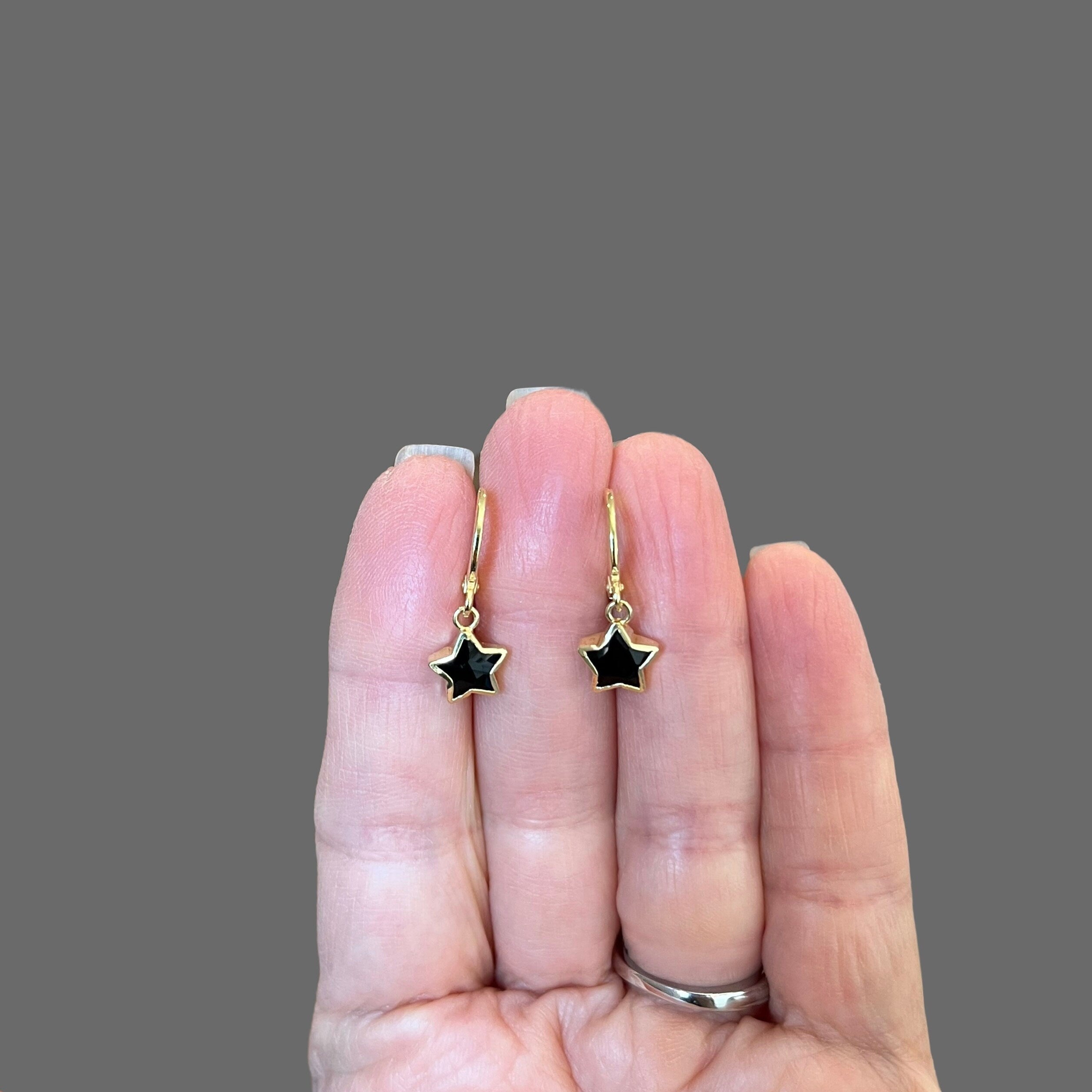 Black Onyx Star Charm Earrings on Gold Vermeil Leverback Hoops