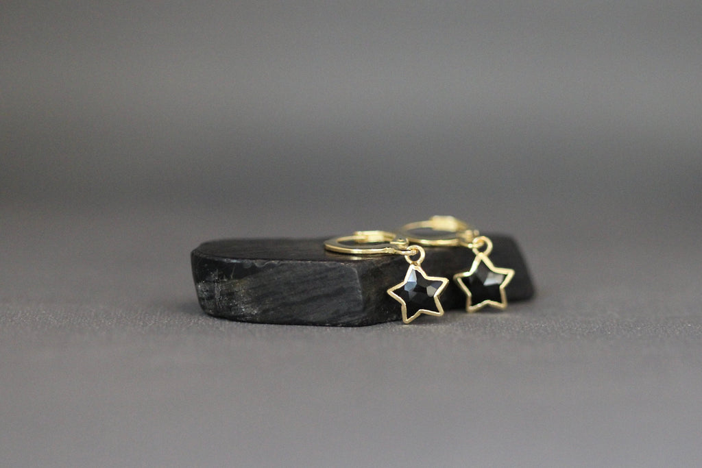Black Onyx Star Charm Earrings on Gold Vermeil Leverback Hoops