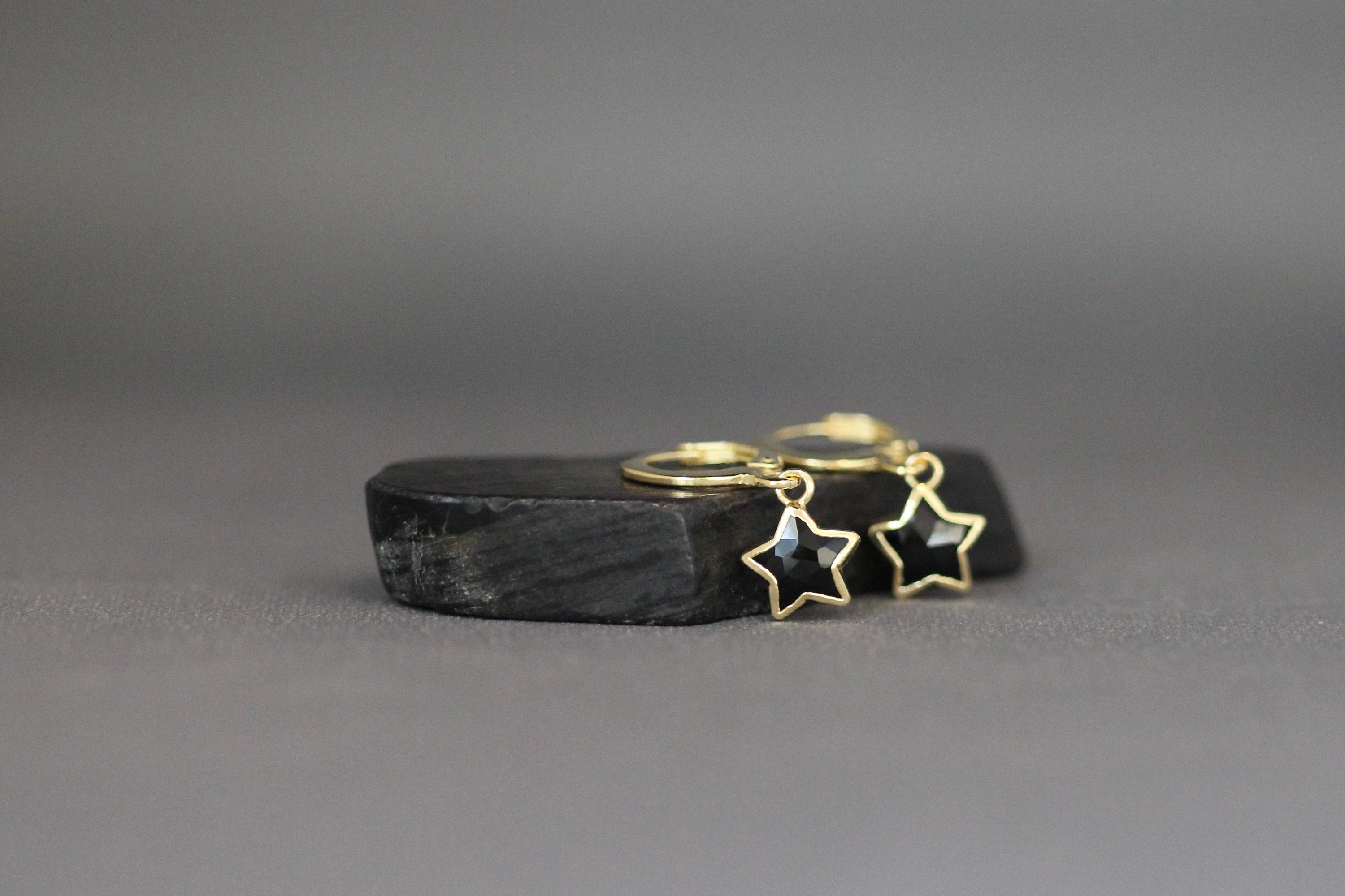 Black Onyx Star Charm Earrings on Gold Vermeil Leverback Hoops