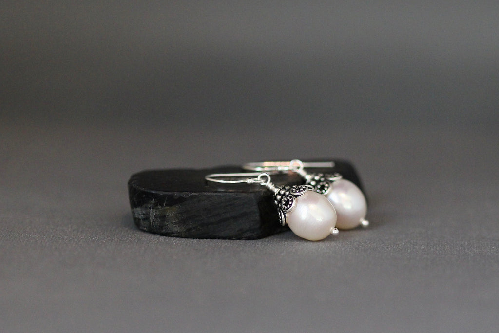 White Oval Freshwater Pearl Dangle Earrings with Bali Sterling Silver Caps