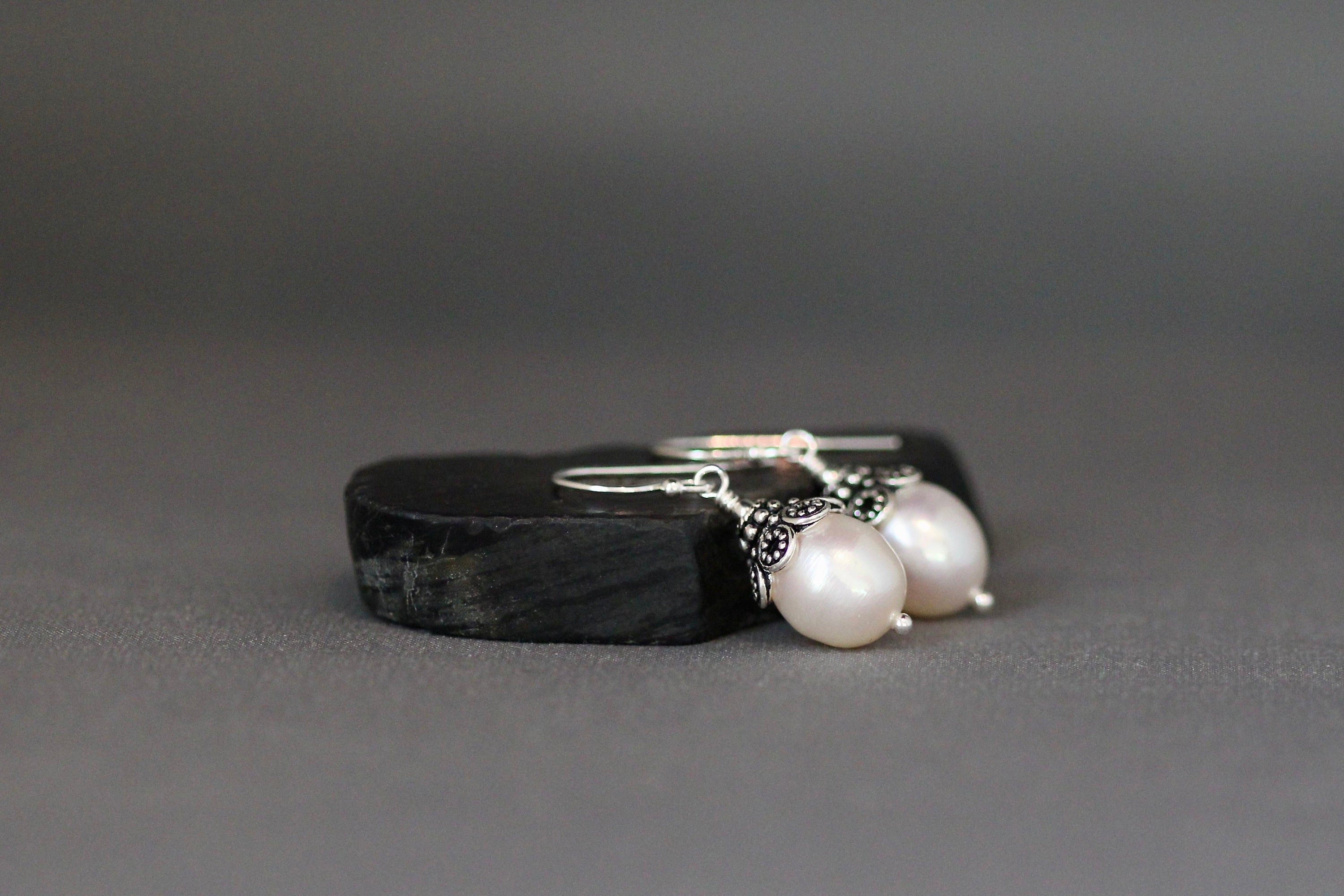 White Oval Freshwater Pearl Dangle Earrings with Bali Sterling Silver Caps
