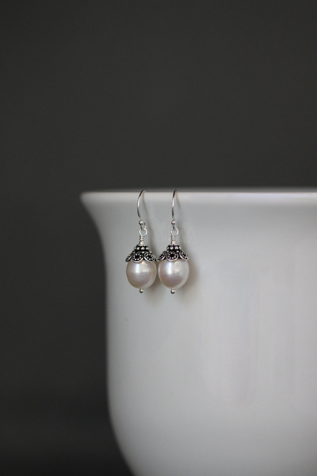 White Oval Freshwater Pearl Dangle Earrings with Bali Sterling Silver Caps