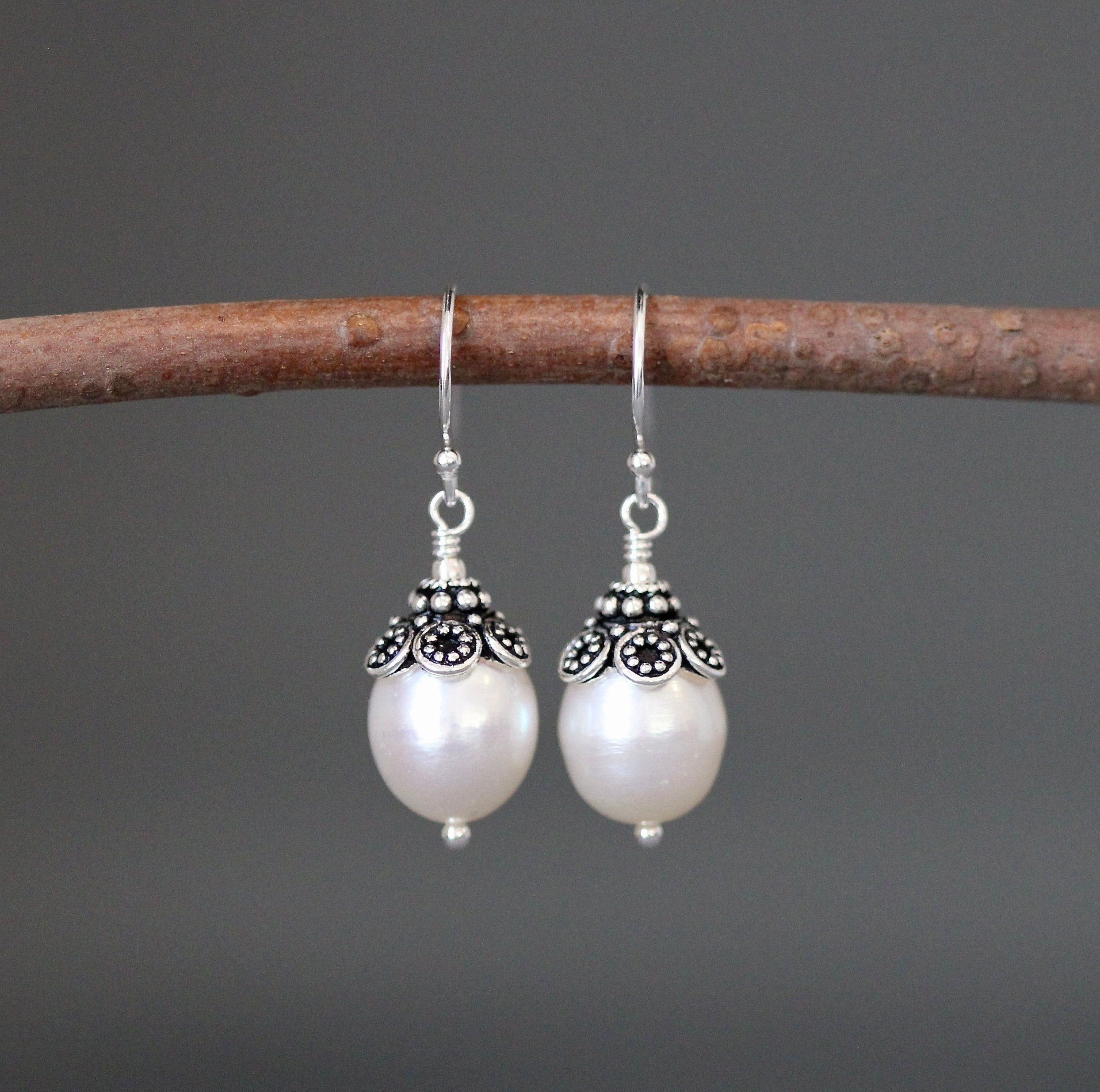 White Oval Freshwater Pearl Dangle Earrings with Bali Sterling Silver Caps